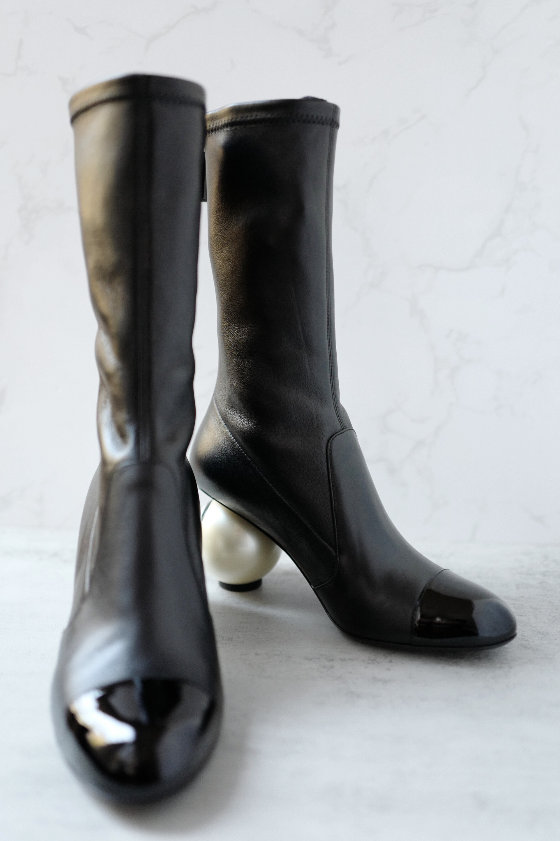 Chanel Boots Stretch Lambskin with Patent Calfskin Cap Toe Black 37.5