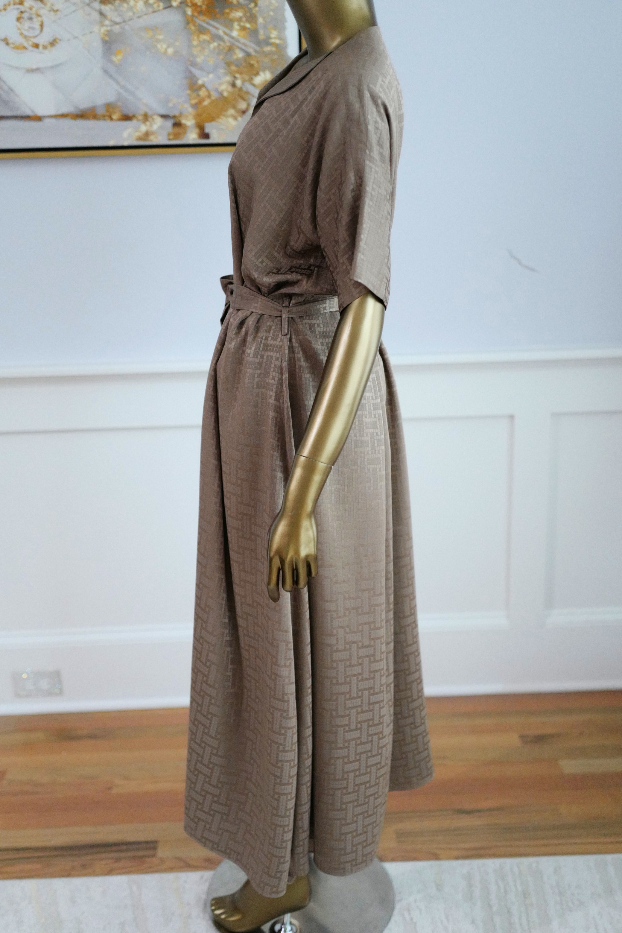 NEW Hermès Mosaique Belted Caftan Dress in Jacquard Silk Gris Étoupe Size 36