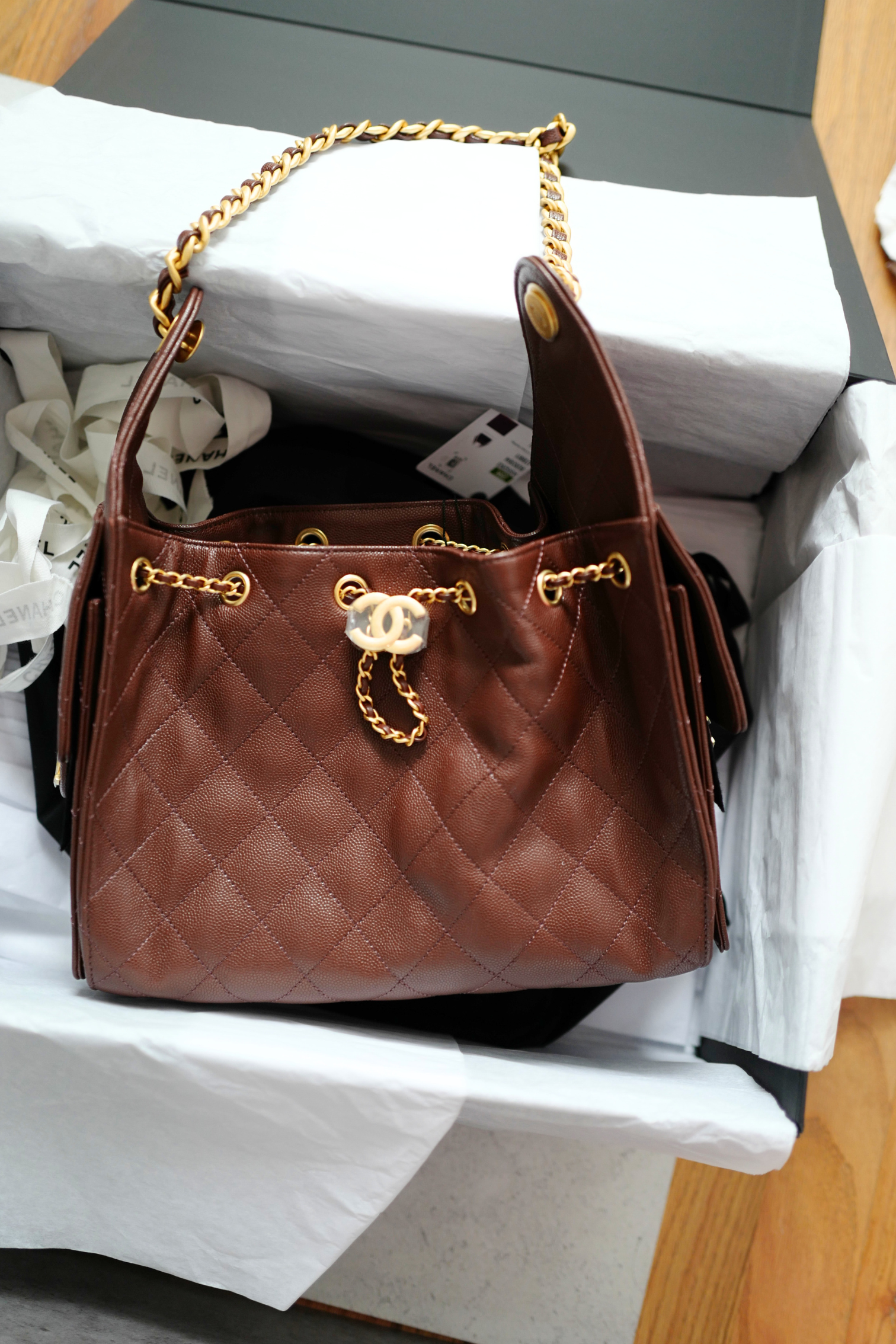 BNIB Chanel 25K Small Hobo Bag Dark Brown Grained Calfskin with Gold Hardware