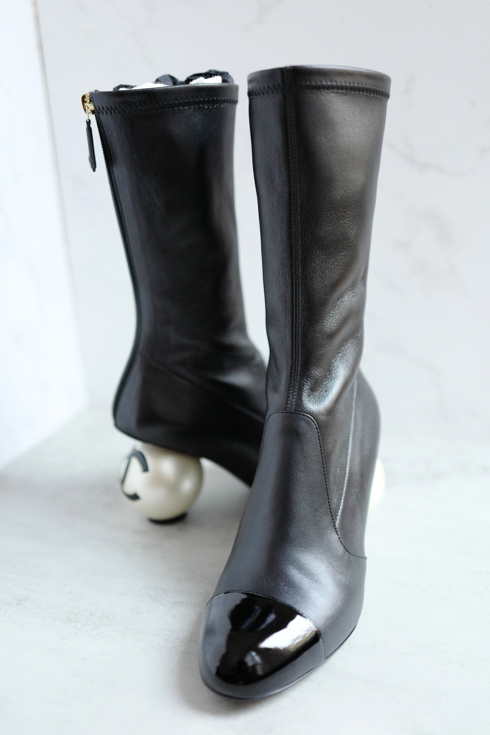 Chanel Boots Stretch Lambskin with Patent Calfskin Cap Toe Black 37.5