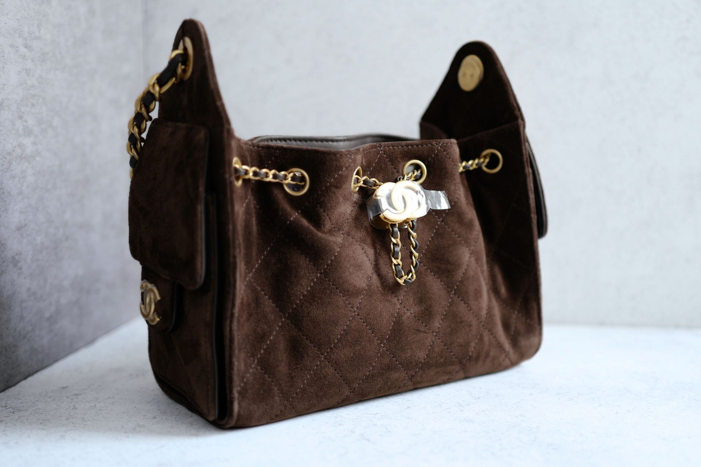 Chanel 26C Mini Hobo Shoulder Bag Dark Brown Suede Calfskin Gold Hardware