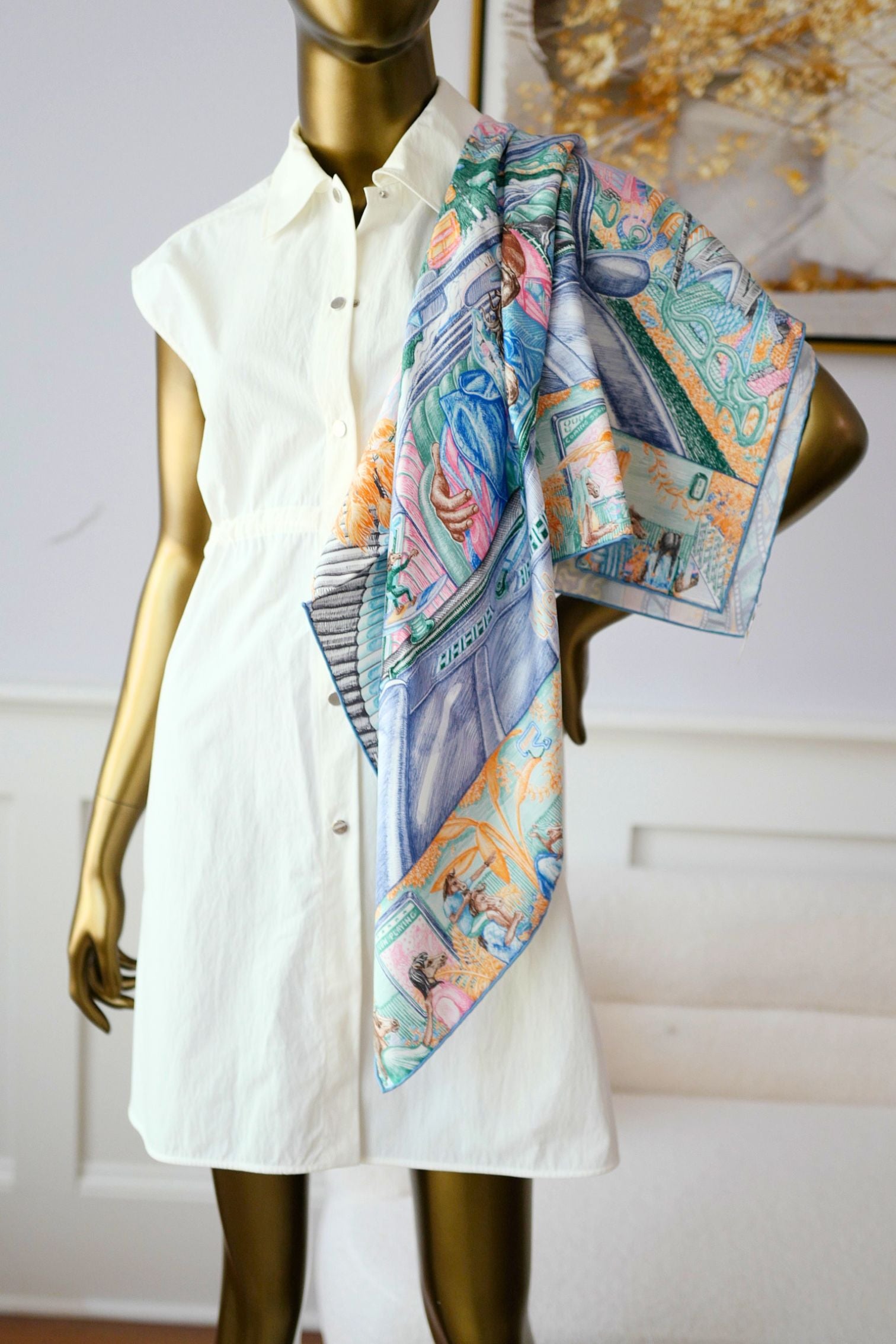 Hermès City of Light Scarf Bleu Jean/Rose/ Vert Véronèse 100% Silk 90
