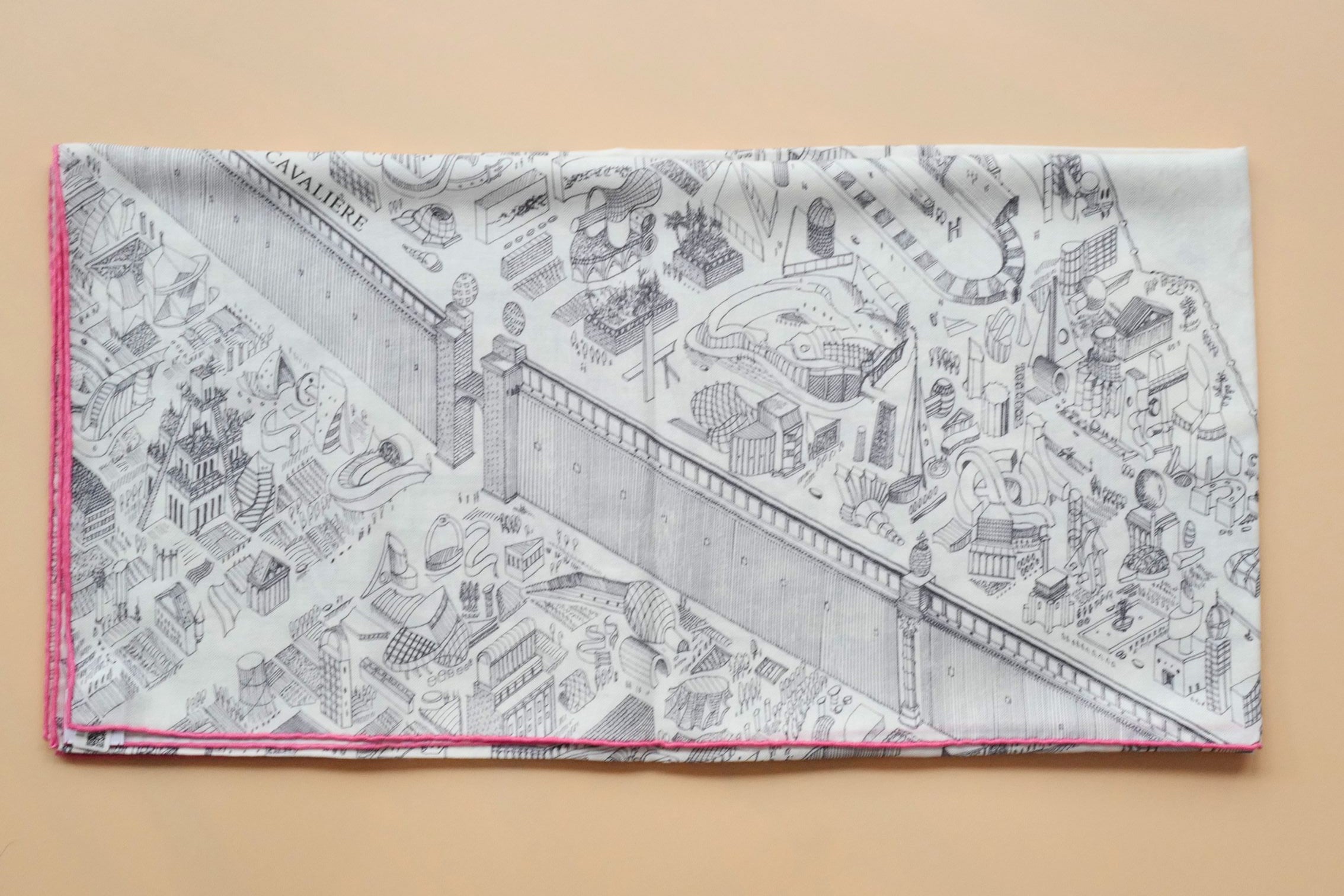 Hermès La Nouvelle Cite Cavaliere Shawl 140 Blanc/Gris/Rose Cashmere Silk