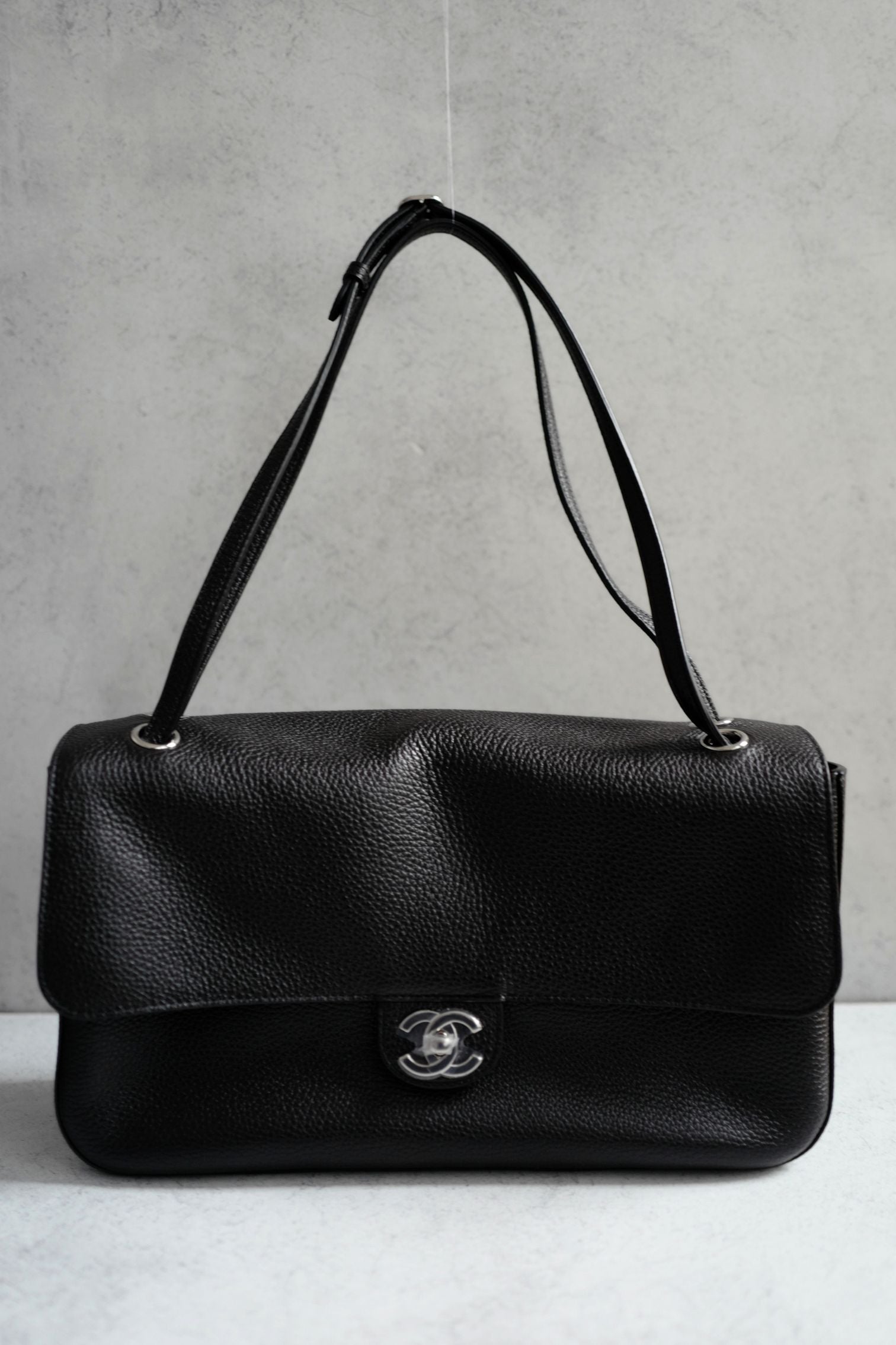 Chanel 26s Maxi Flapbag Black Grained Calfskin & Silver Metal  "Matthieu Blazy