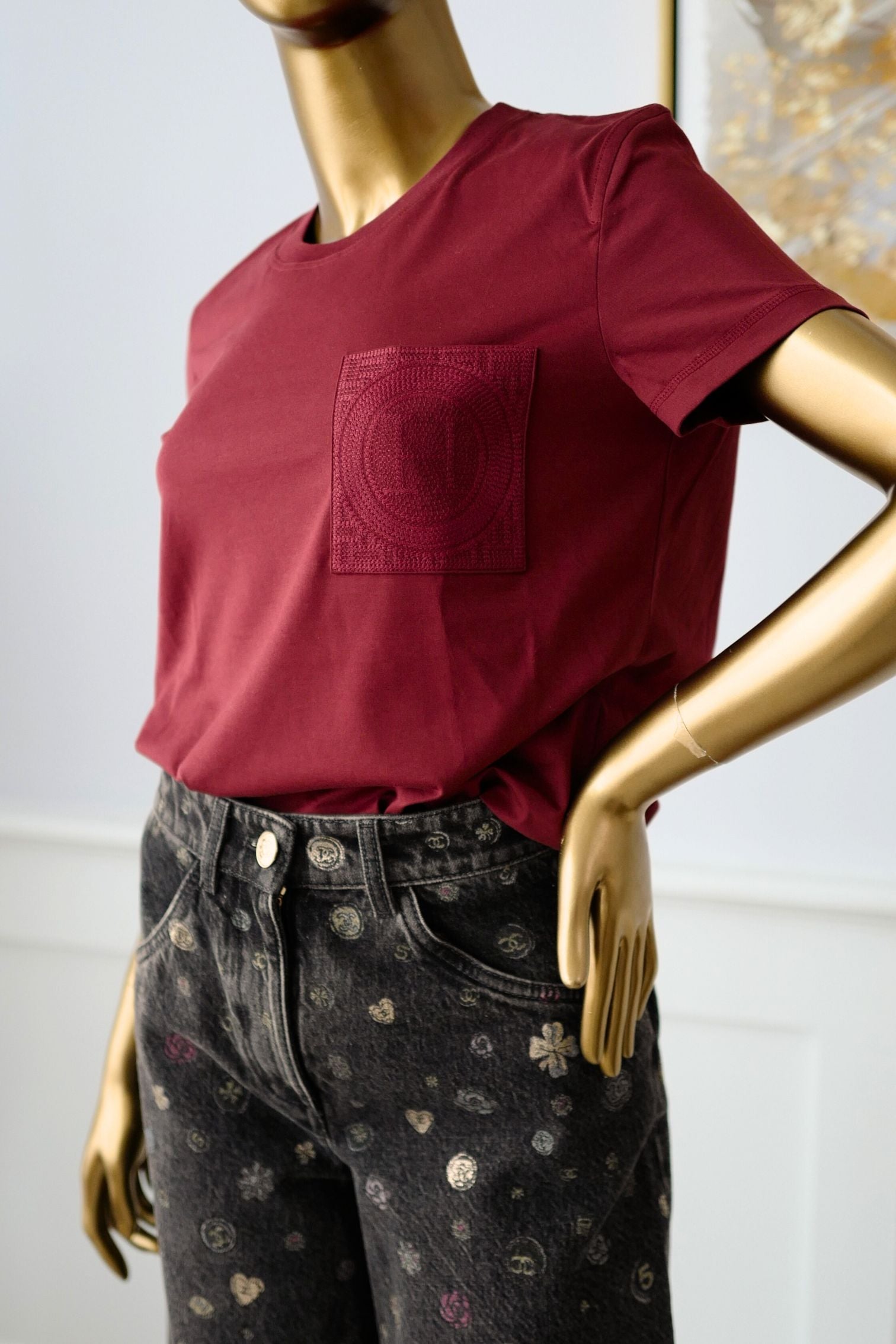 Hermès Embroidered Pocket T-Shirt Rouge Carmin Cotton Crewneck Size 36