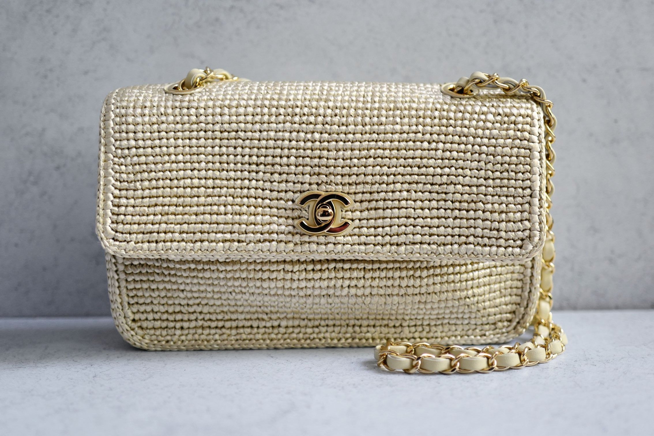 Chanel 26M Coco Beach Small Flap Bag Cream Braided Raffia Gold Hardware