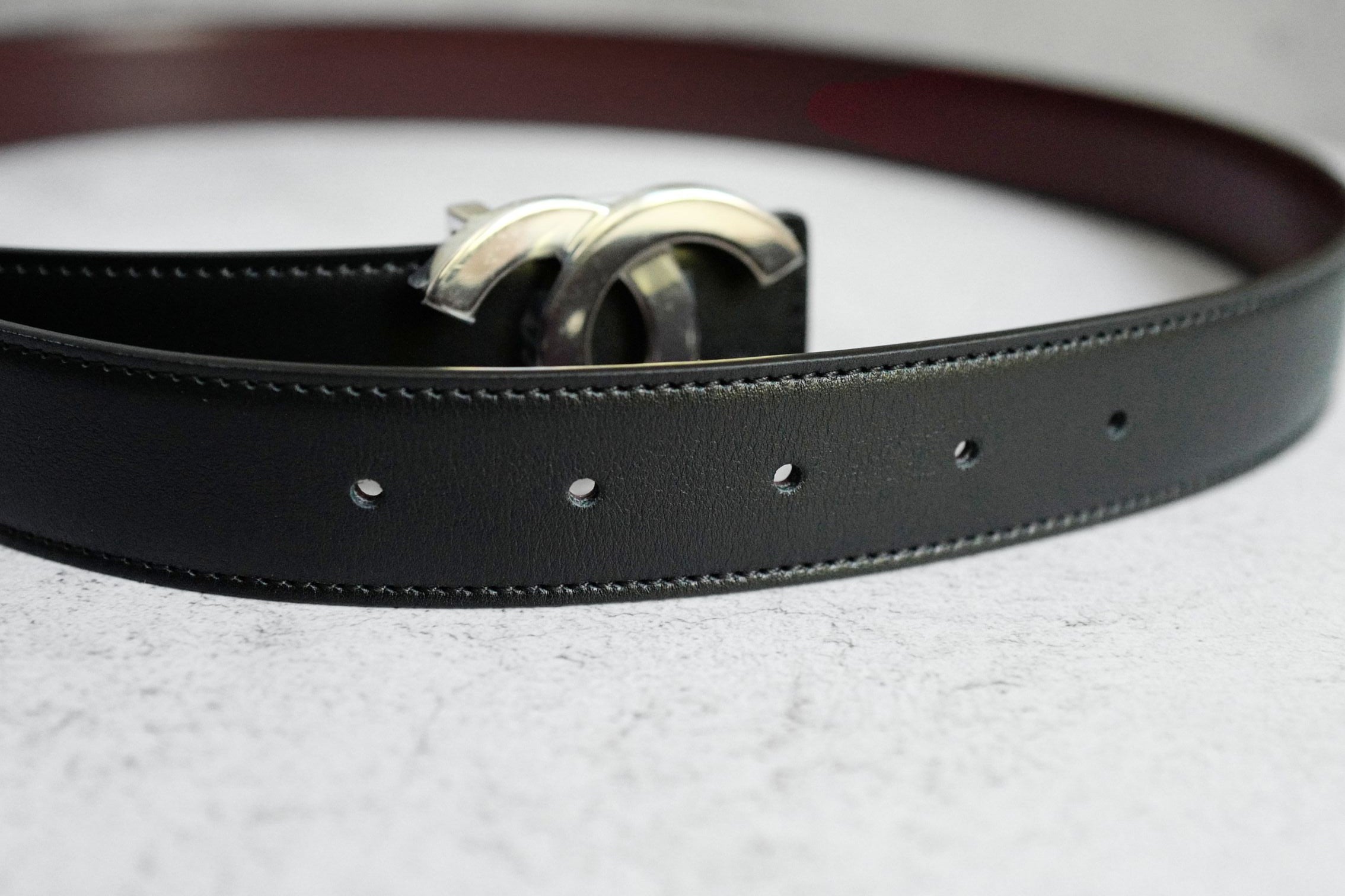 Chanel CC Reversible Belt Black Burgundy Silver Calfskin Metal Size 85