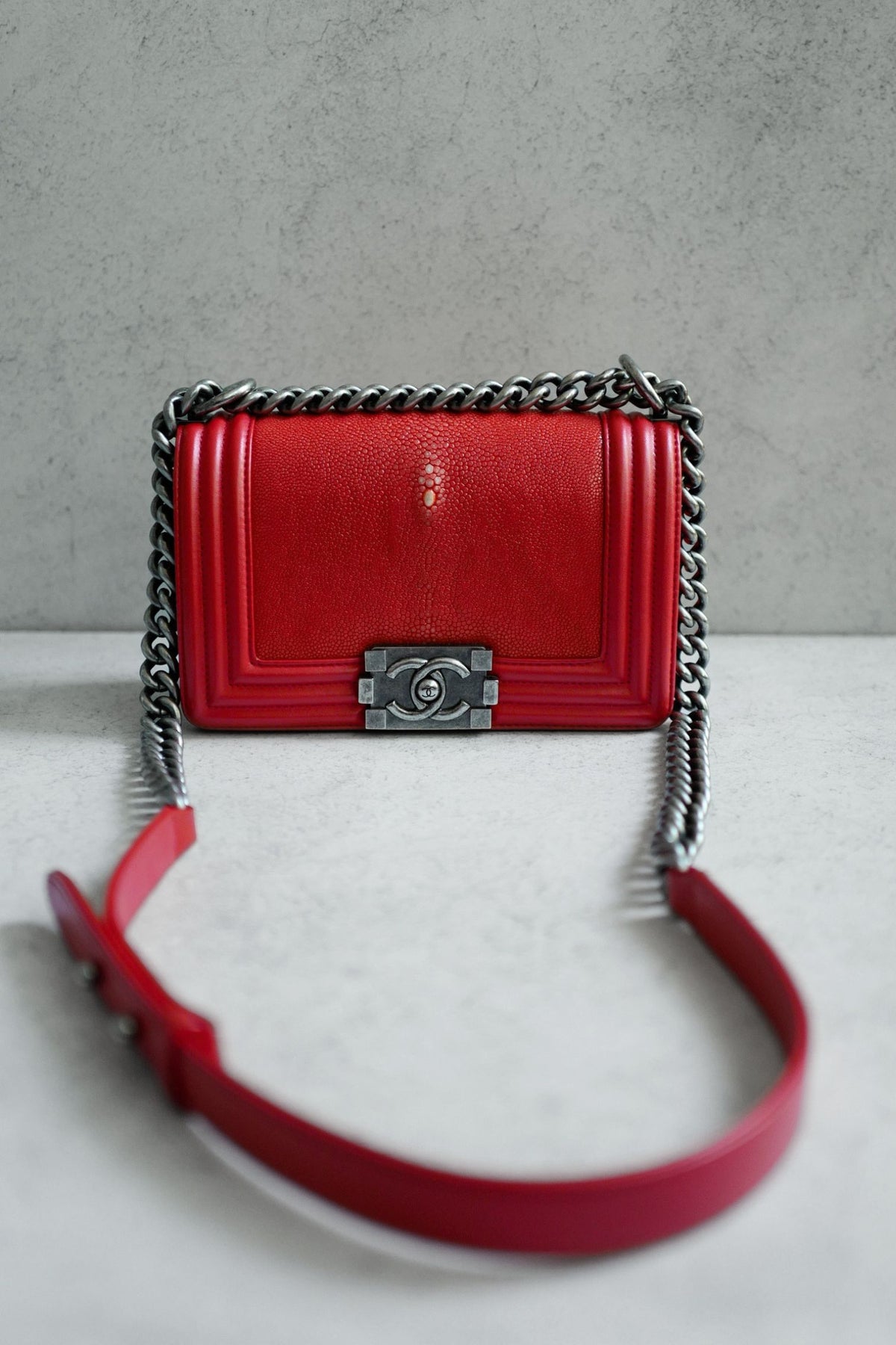 Preloved Chanel Boy Red Small In Stingray Ruthenium HW Limited Edition #18