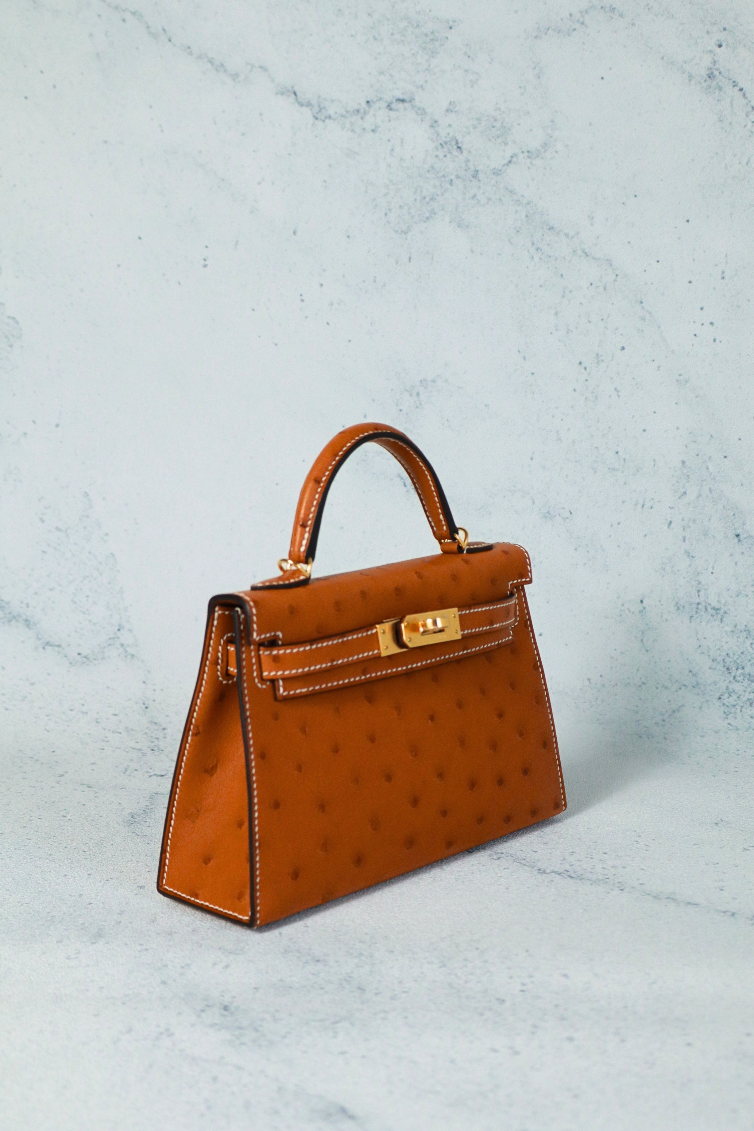 BNIB Hermes Mini Kelly HSS Cognac Ostrich with Craie Stitching GHW G Stamp 2026