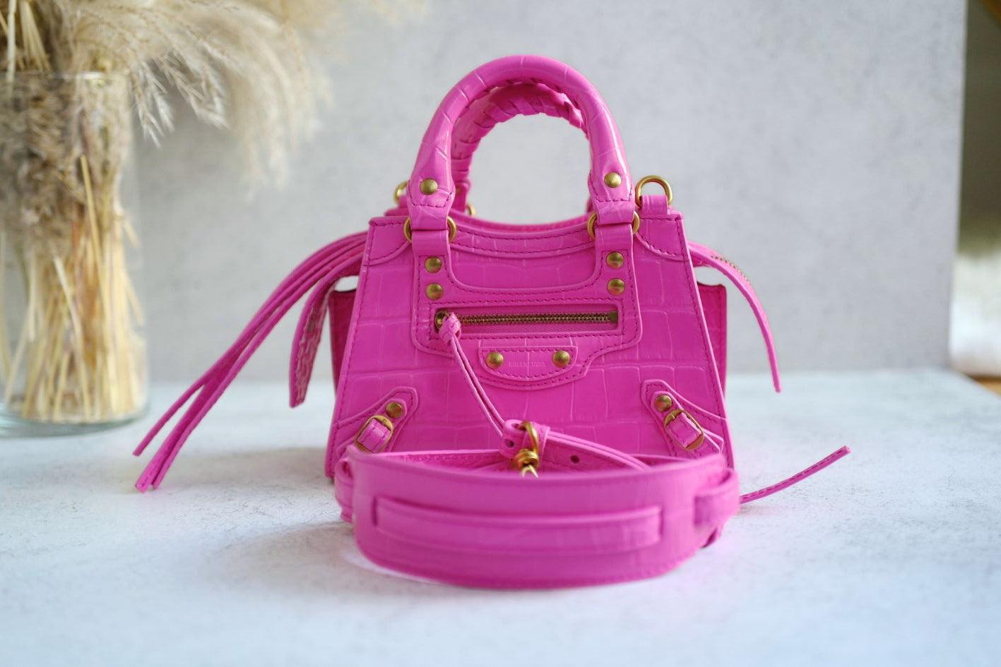 Balenciaga Neo Classic Nano Size In Bright Pink Croco Leather