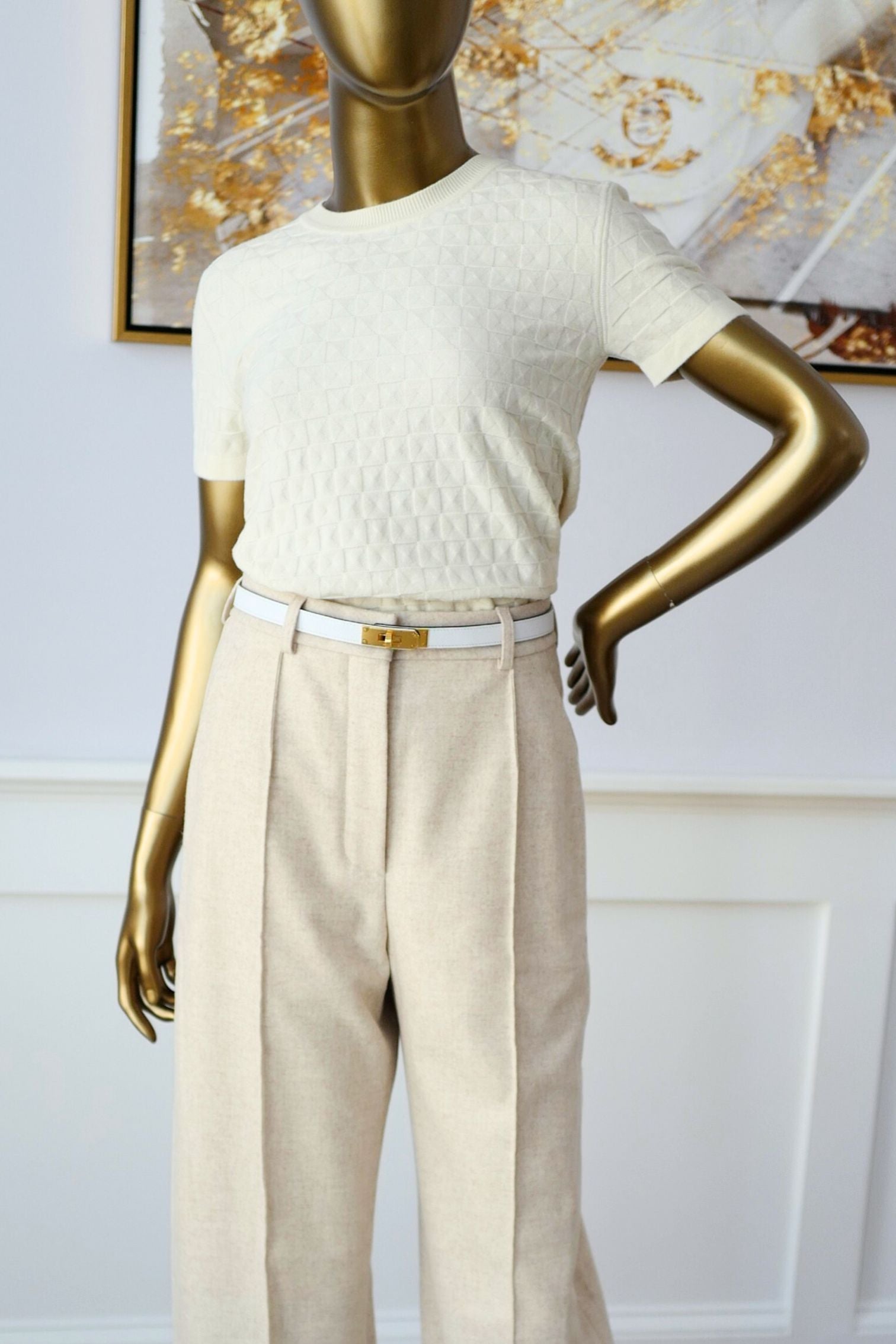 HERMES ベージュ ボットネックニットカットソーM Hermès “Medor” Short-Sleeve Softerwear Knit Sweater Blanc Naturel Size