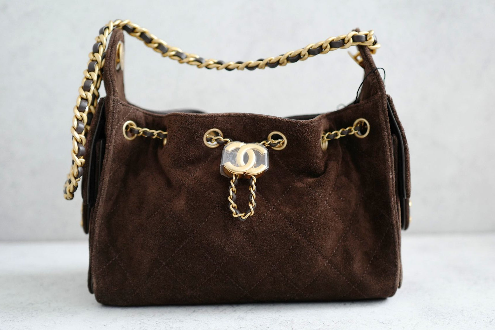 NEW Chanel 26C Mini Hobo Dark Brown Suede Gold Hardware