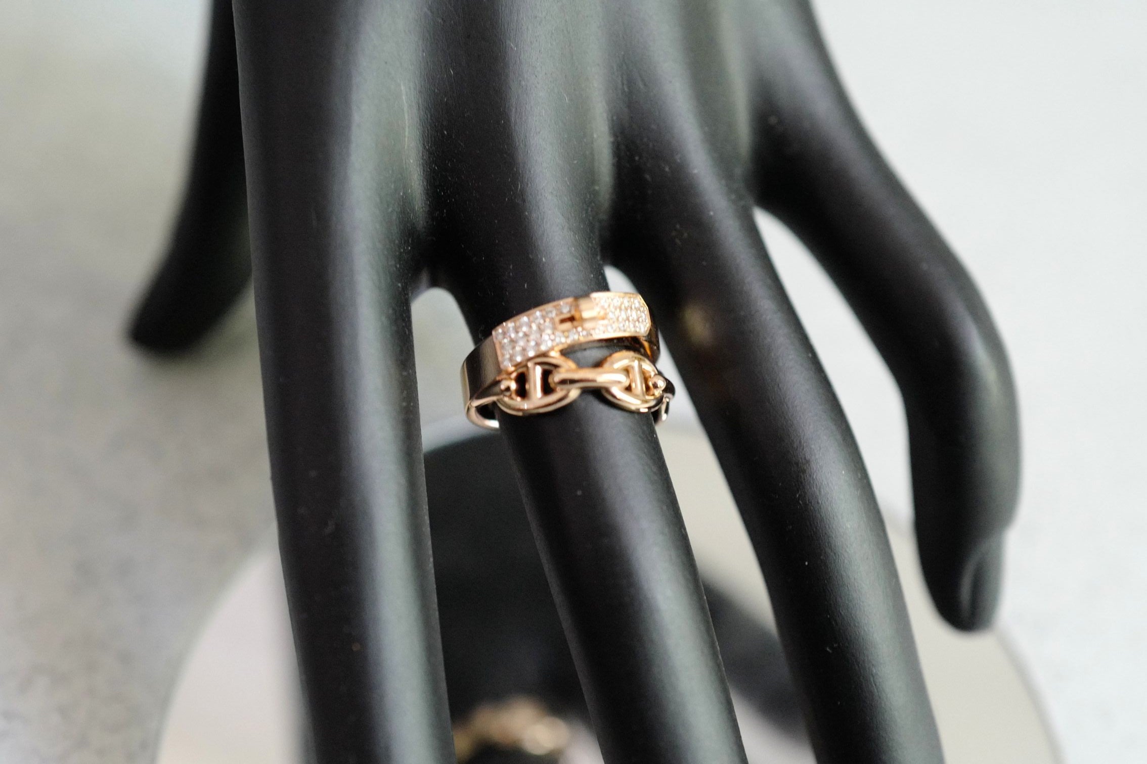 Hermès Kelly Alchimie Double Tour Ring 18K Rose Gold 32 Diamonds Size 53