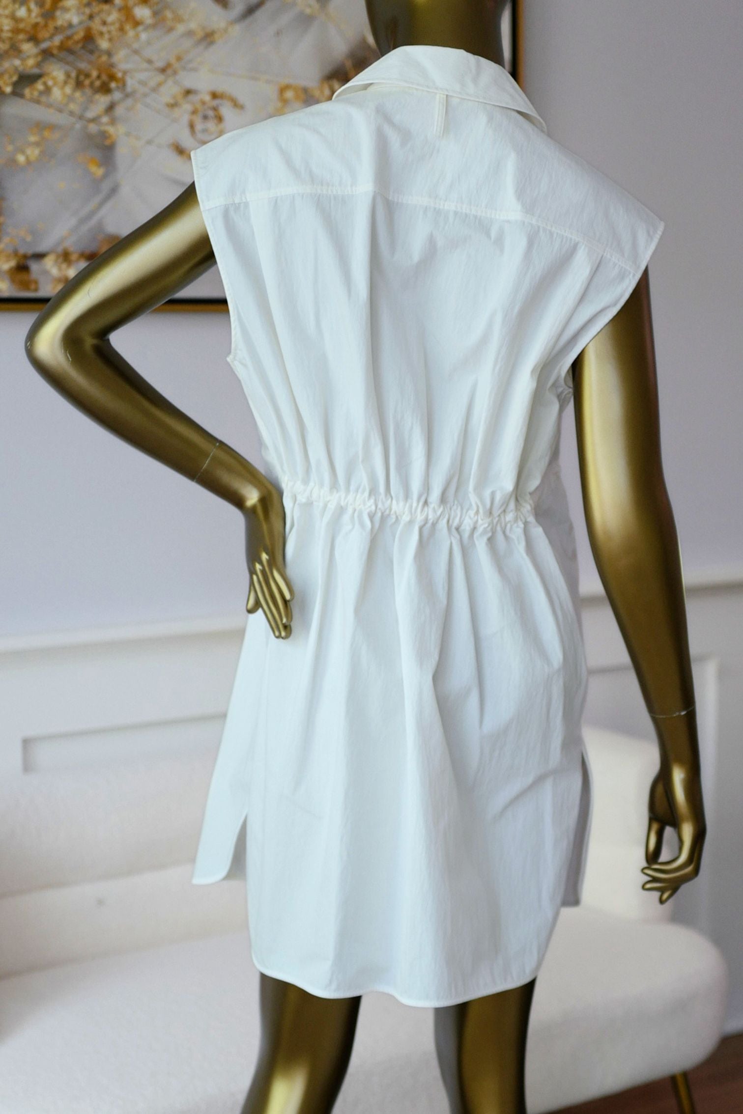 Hermès Chemise Coulissée Sans Manches Blanc Cassé Technical Cotton Size 36