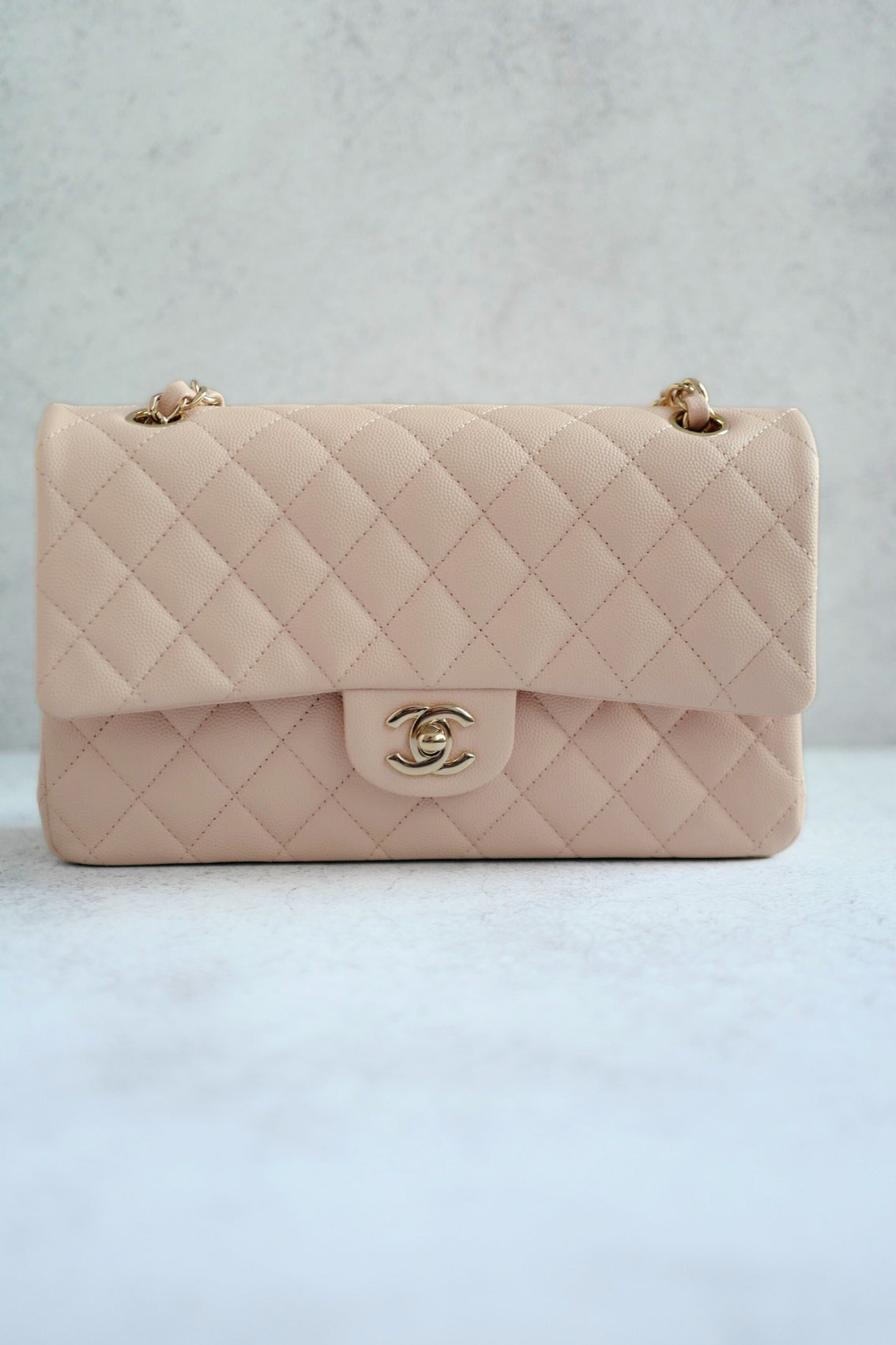 BNIB Chanel Medium Classic Double Flap Bag Beige Clair Grained  Gold Hardware