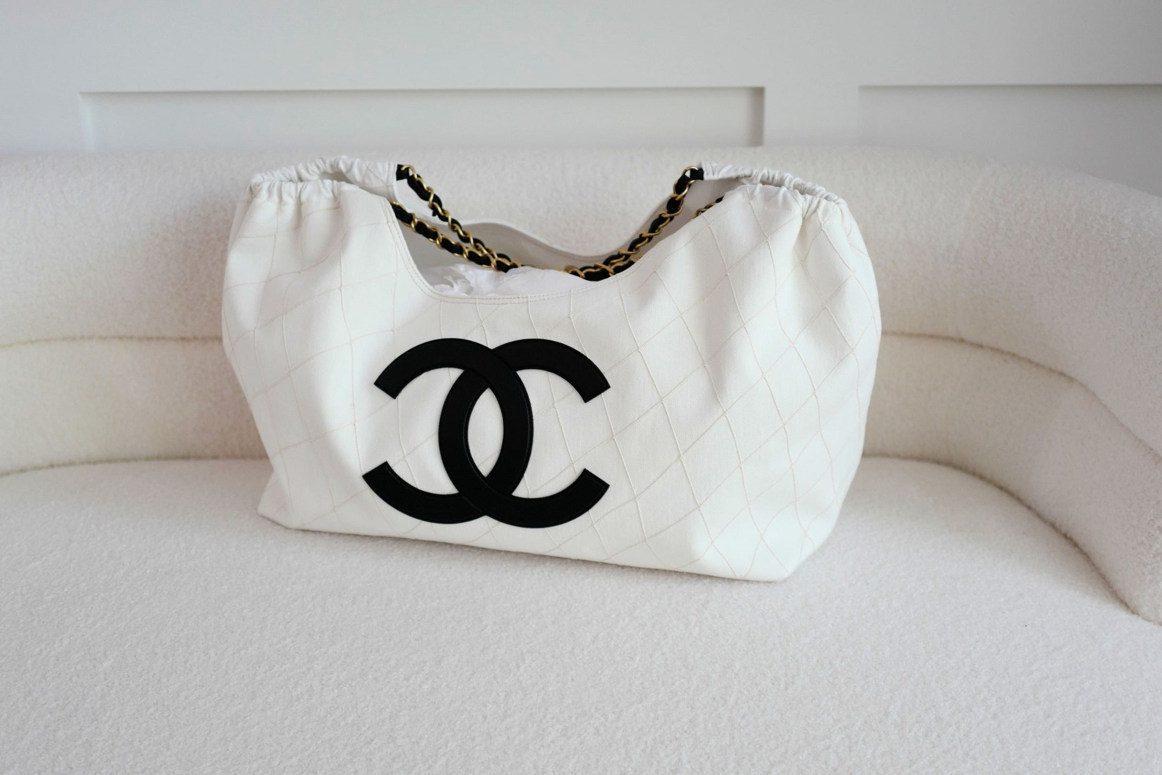 Chanel 26M Coco Beach Small Tote White Black Denim Calfskin Gold Hardware