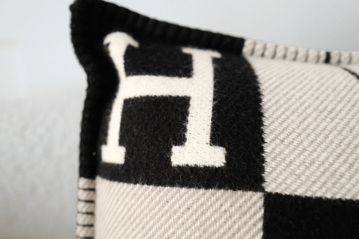 New Hermes Avalon III Jacquard Cushion Petit Modele Wool Cashmere Ecru Noir