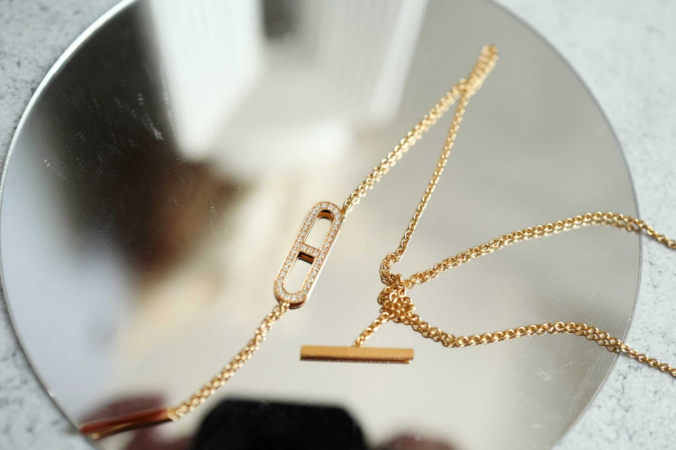 NEW Hermes Ever Chaine d'ancre Lariat Necklace Rose Gold 54 Diamonds