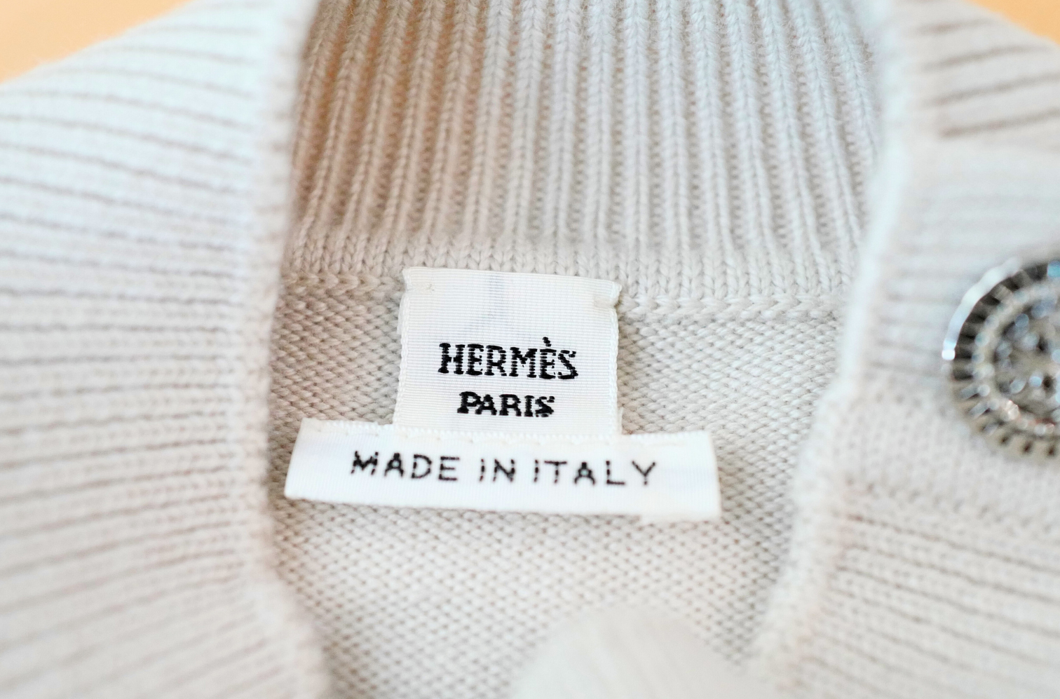 Hermès Sweater with Ferronnerie Button Details Jewel Knit Mock Neck Size 36 Beige Sable
