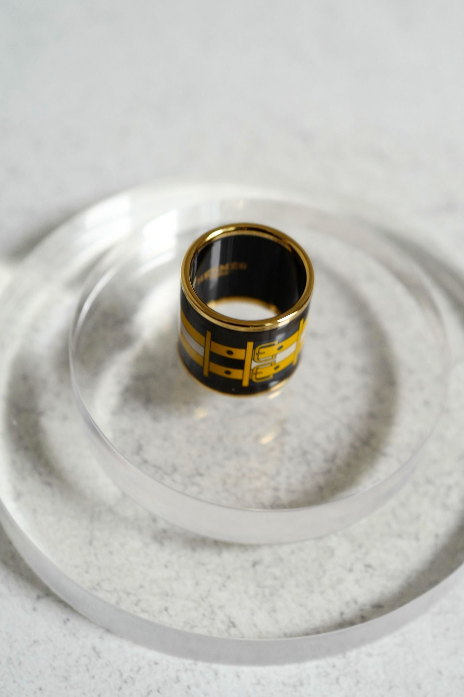 Hermès Rocabar Enamel Scarf Ring Black/Yellow/Blue Striped