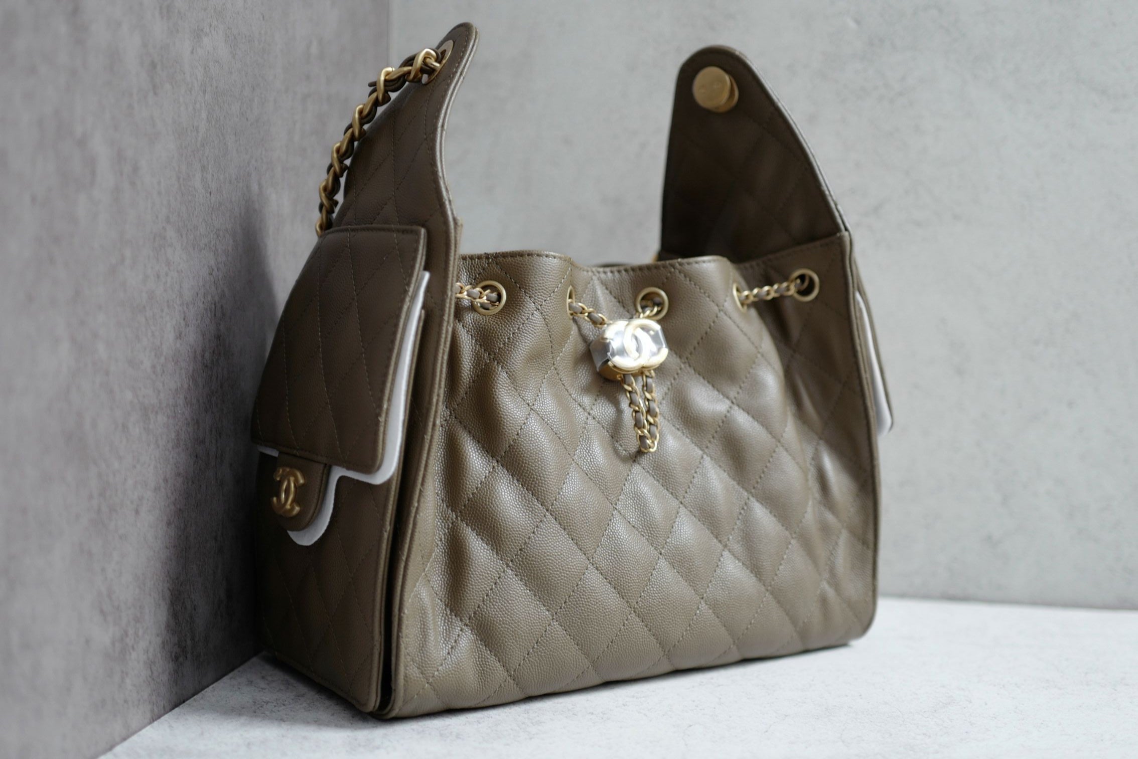 Chanel 26s Small Hobo Dark Khaki Grained Calfskin Gold Hardware