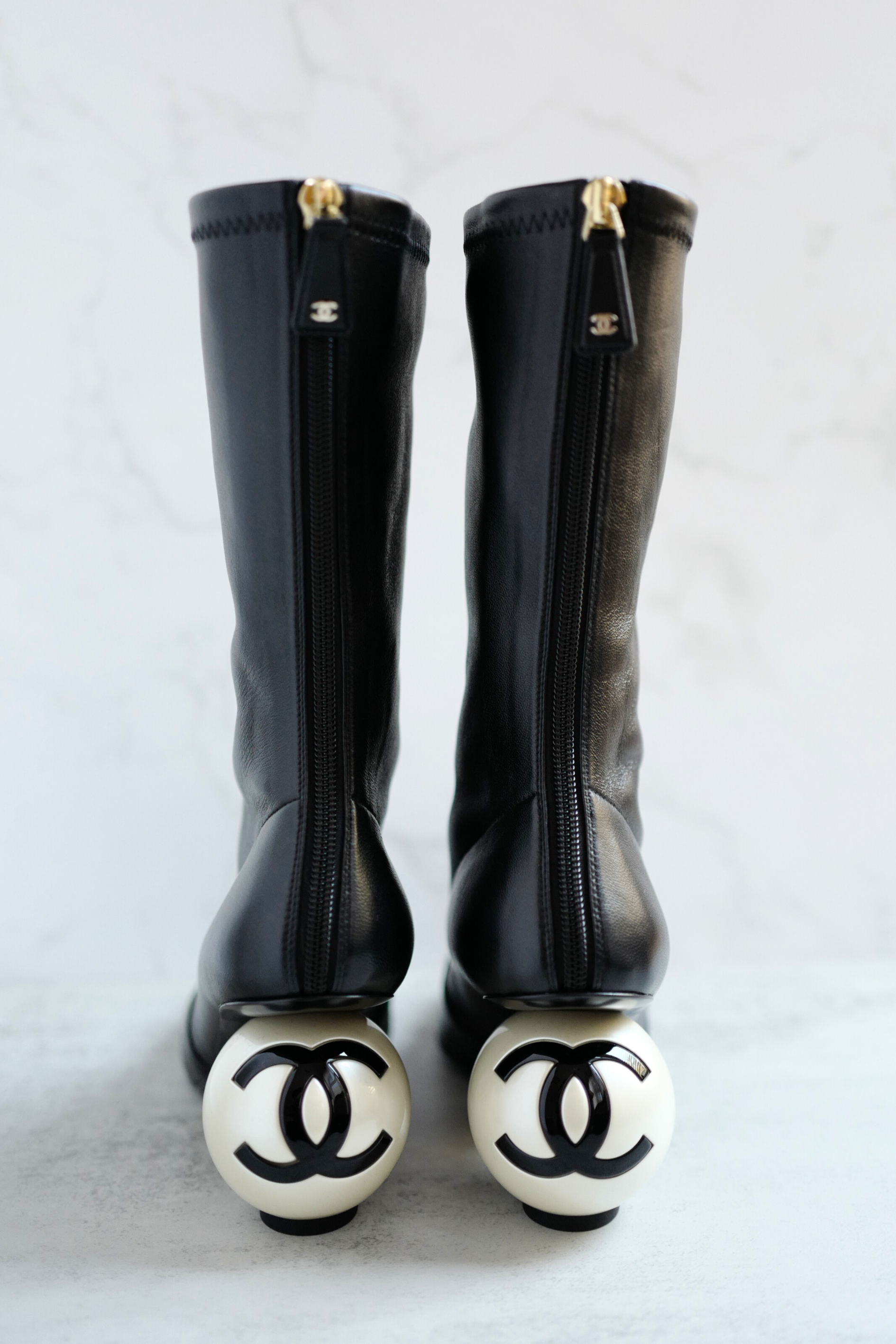 Chanel Boots Stretch Lambskin with Patent Calfskin Cap Toe Black 37.5