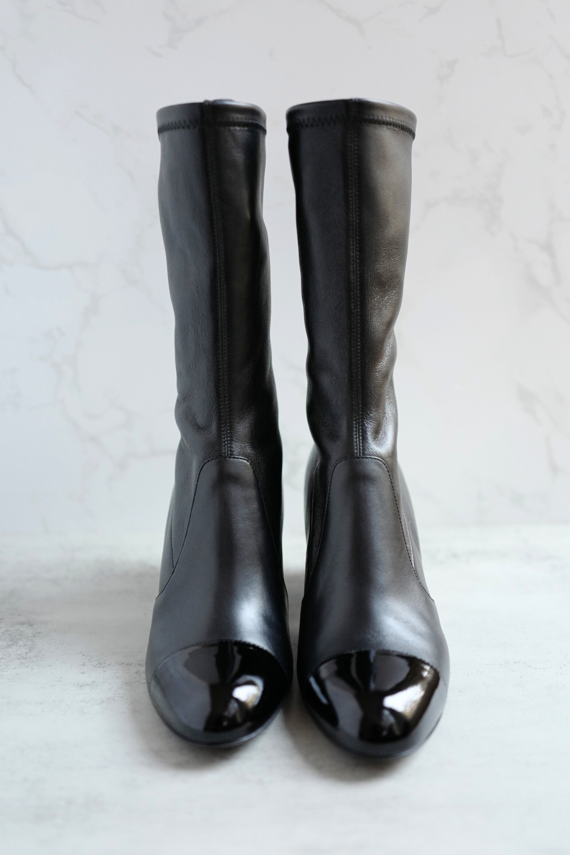 Chanel Boots Stretch Lambskin with Patent Calfskin Cap Toe Black 37.5