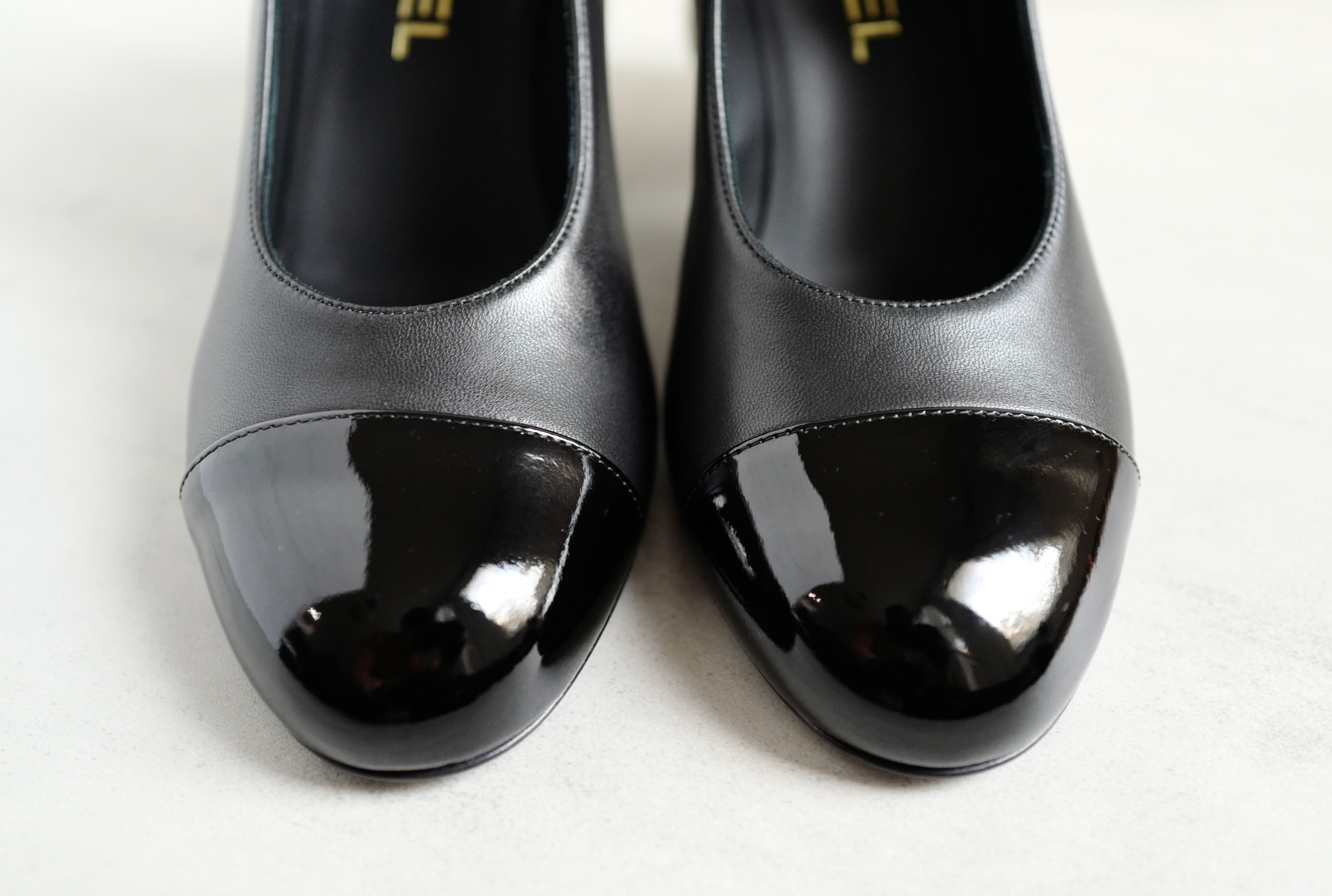 Chanel Mary Jane Black Leather Cap Toe Heels Size 37.5