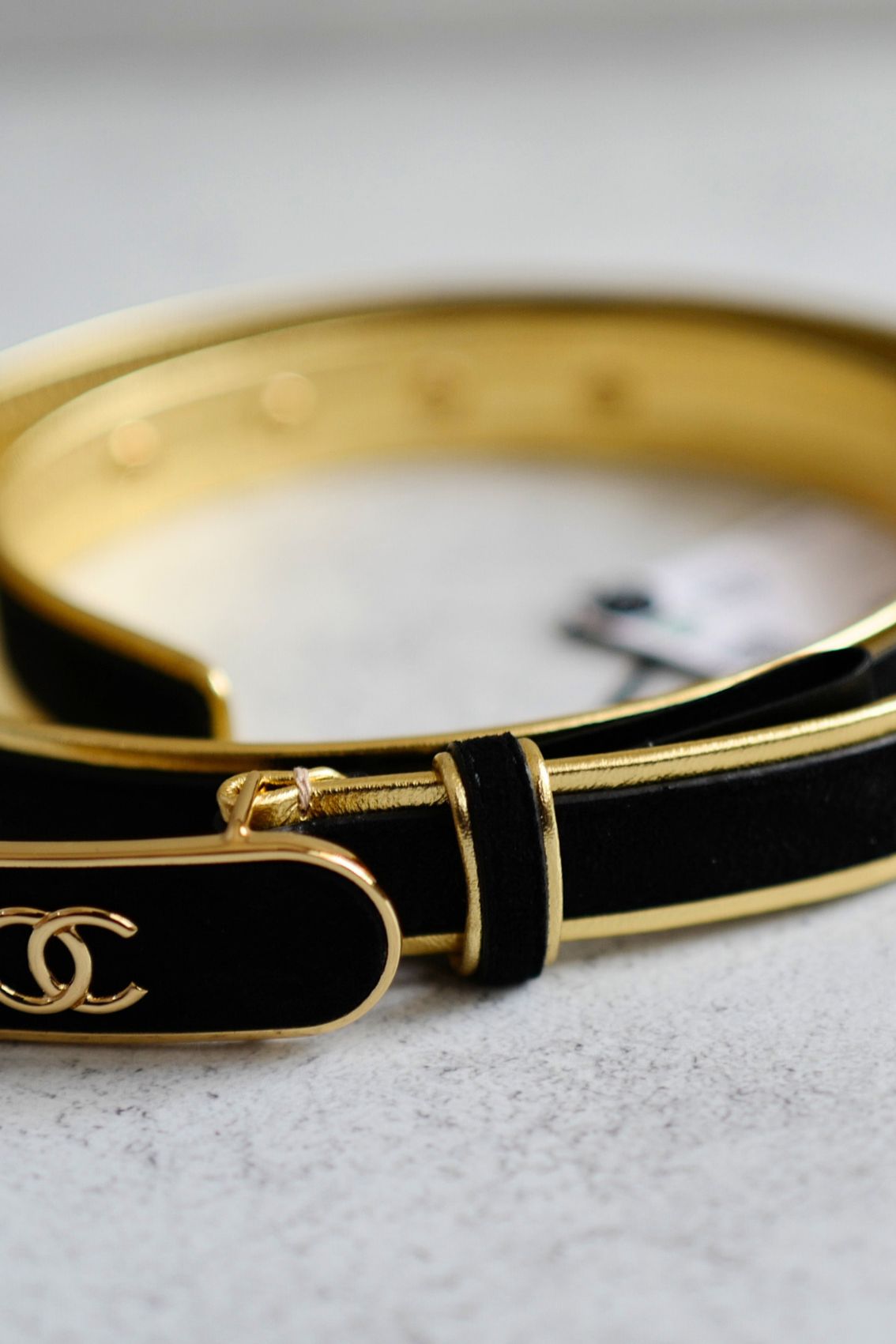 Chanel 24S Womens Leather Belt in Goatskin, Lambskin & Metal Black & Gold 80