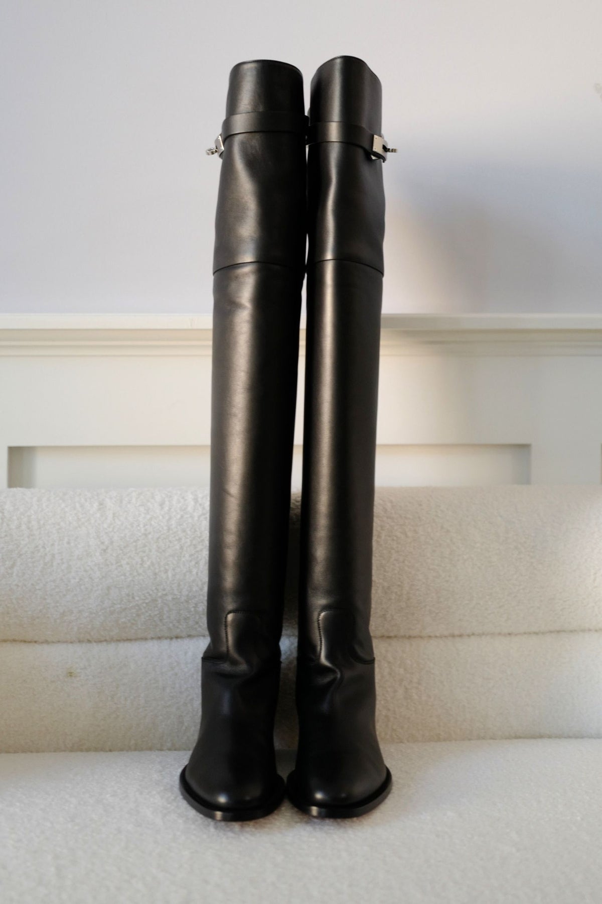 Hermes Thigh High Boots Noir Calfskin Palladium Kelly Buckle Size 38