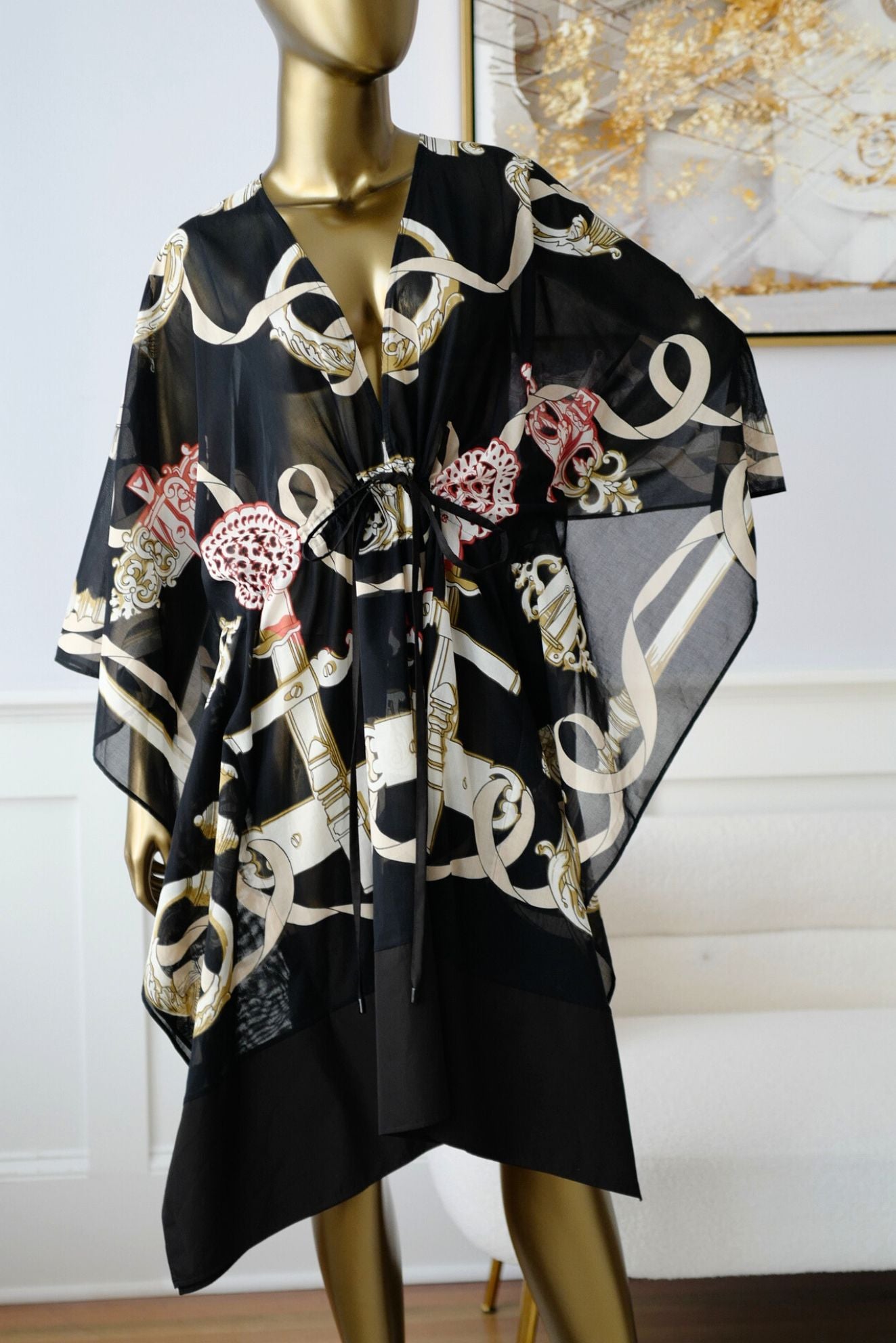 Hermès Woman Beach Caftan "Ferronnerie Remix" in Noir Cotton Voile One Size