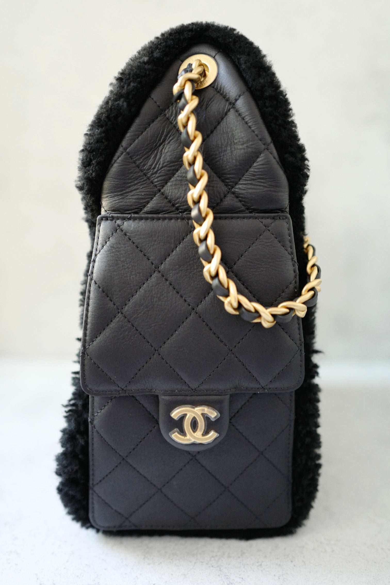 Chanel 25K Small Hobo Bag in Black Shearling and Calfskin Leather Gold Hardware