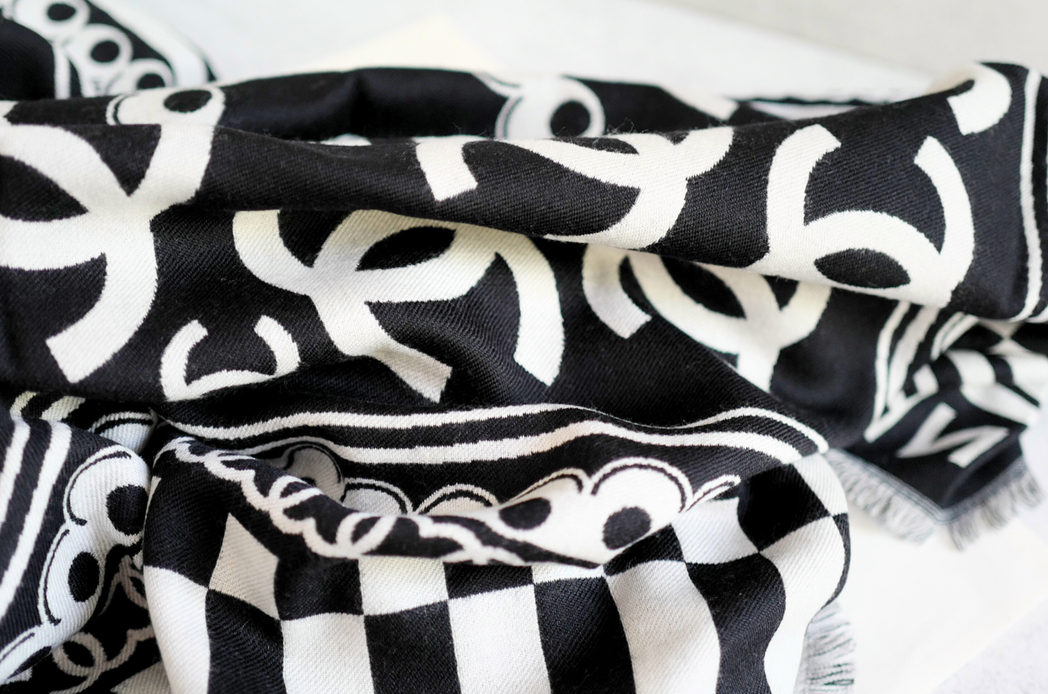 CHANEL 26C Black White Checkered Double CC Scarf Shawl