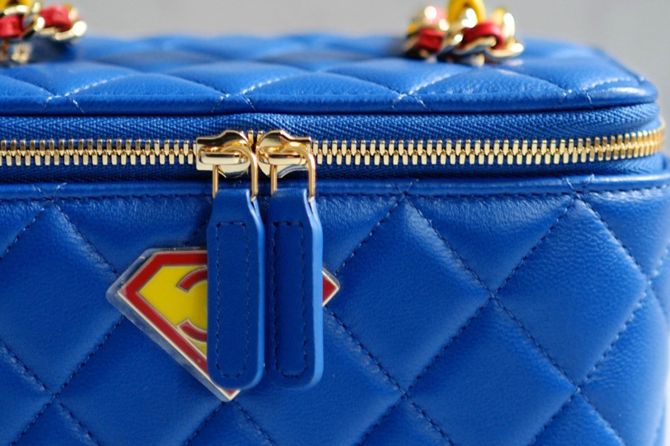Chanel 26A Long Vanity Superman With Chain Lambskin Blue/Yellow/Red Gold HW