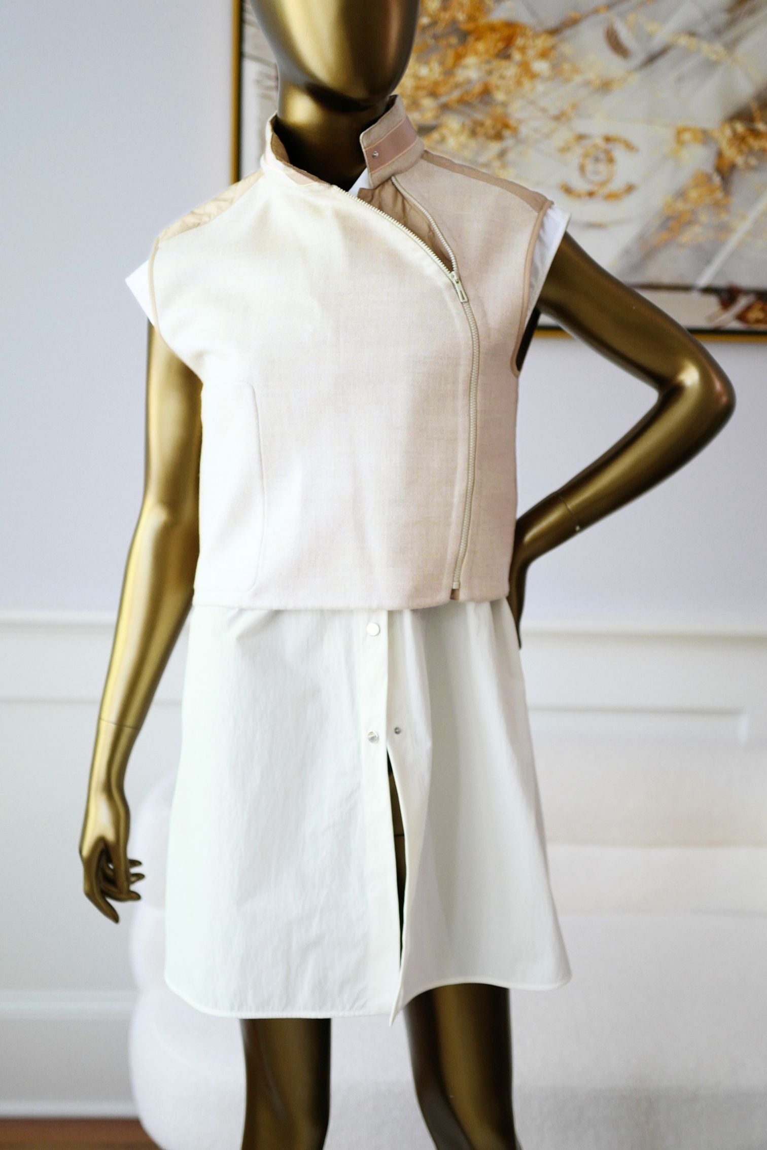 Hermès Blouson Sans Manches Mix Matière Blanc Marbre Wool Size 36