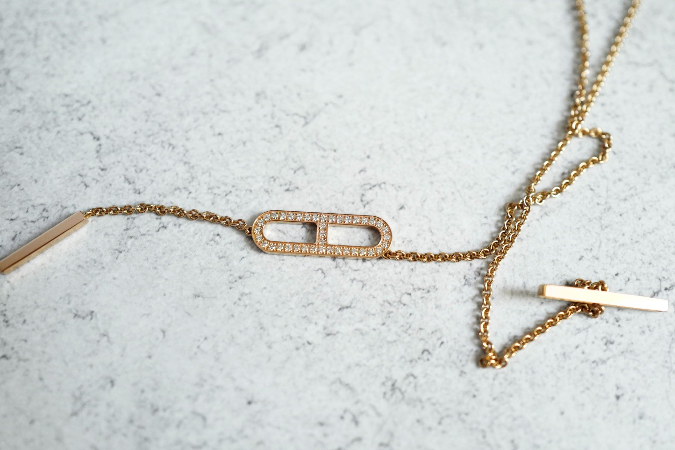 NEW Hermes Ever Chaine d'ancre Lariat Necklace Rose Gold 54 Diamonds