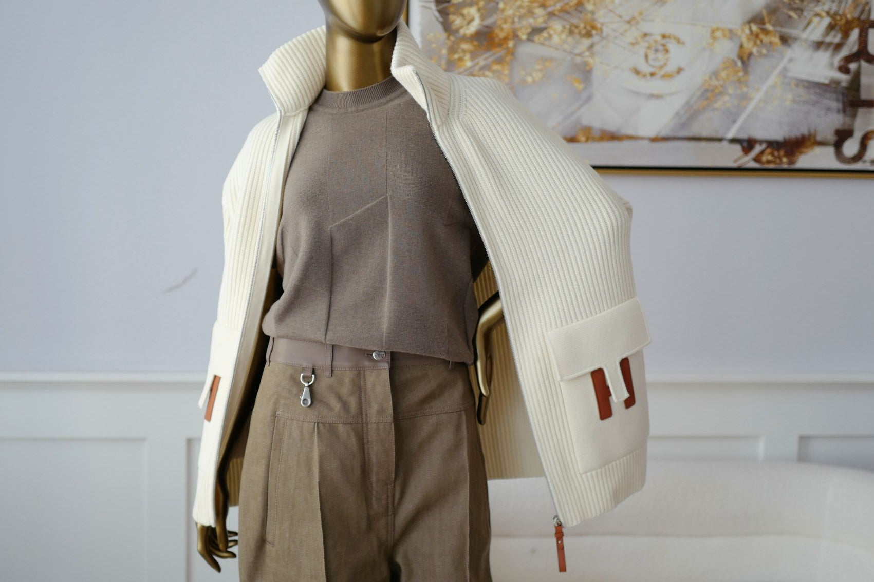 Hermès Blousson Cardigan Blanc Naturel Wool Knit Size 38