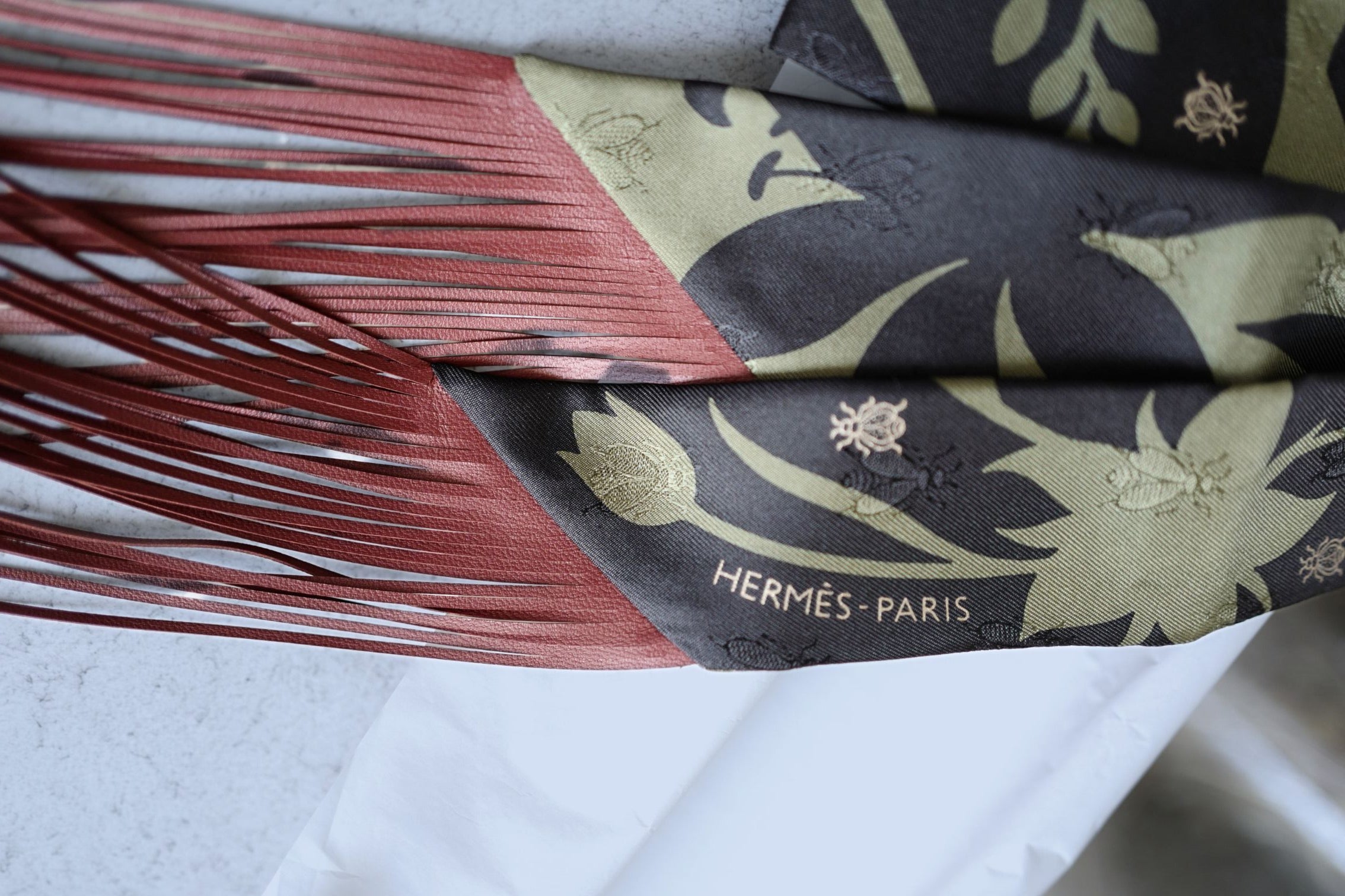 Hermès Twilly Bouquet Final Silk Noir/Vert Loden/Rouge H with Leather Fringe