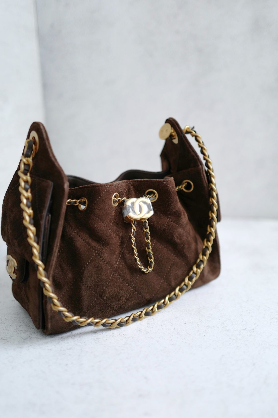NEW Chanel 26C Mini Hobo Dark Brown Suede Gold Hardware