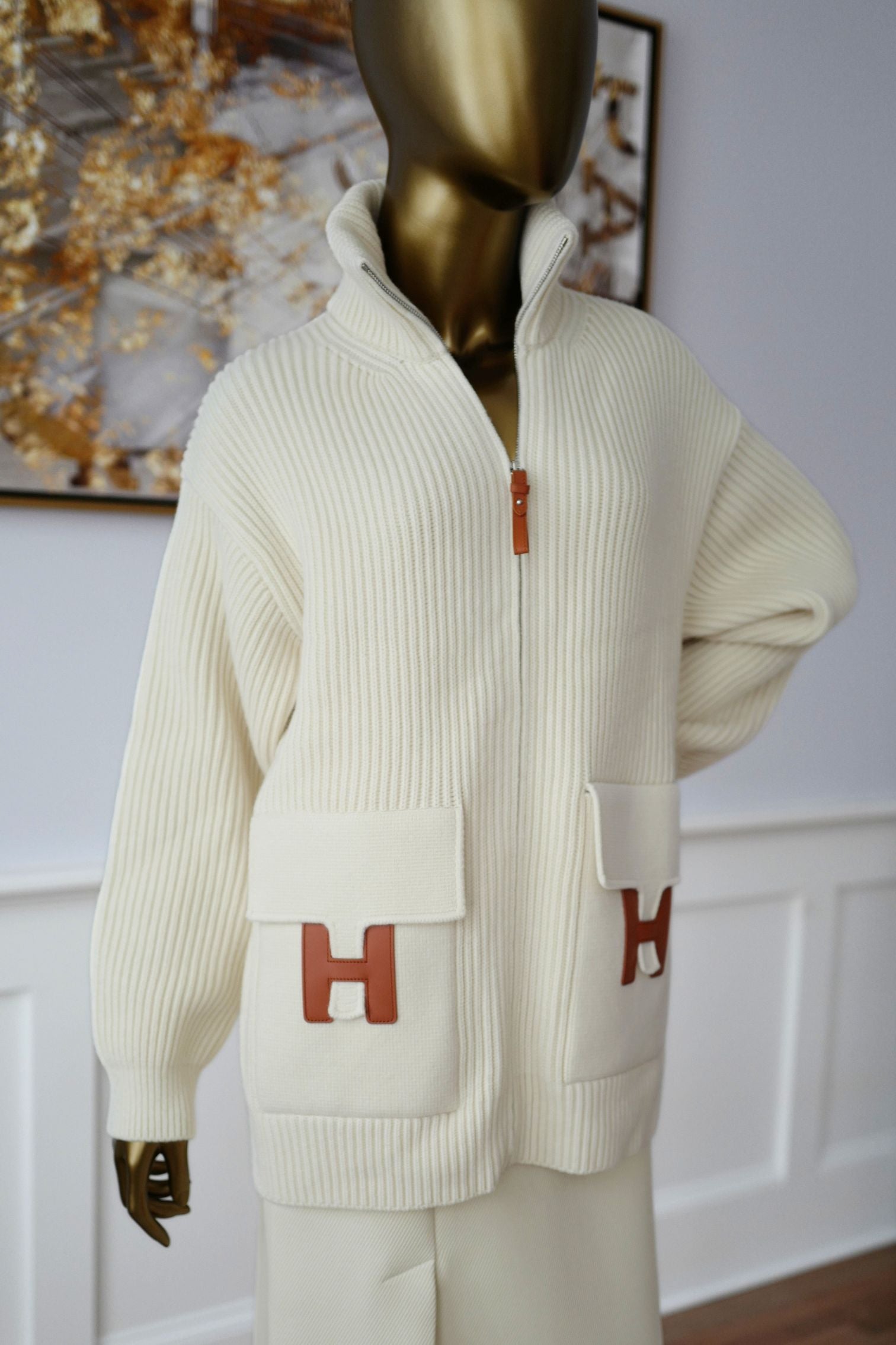 Hermès Blouson Cardigan Blanc Naturel Wool Knit Size 34