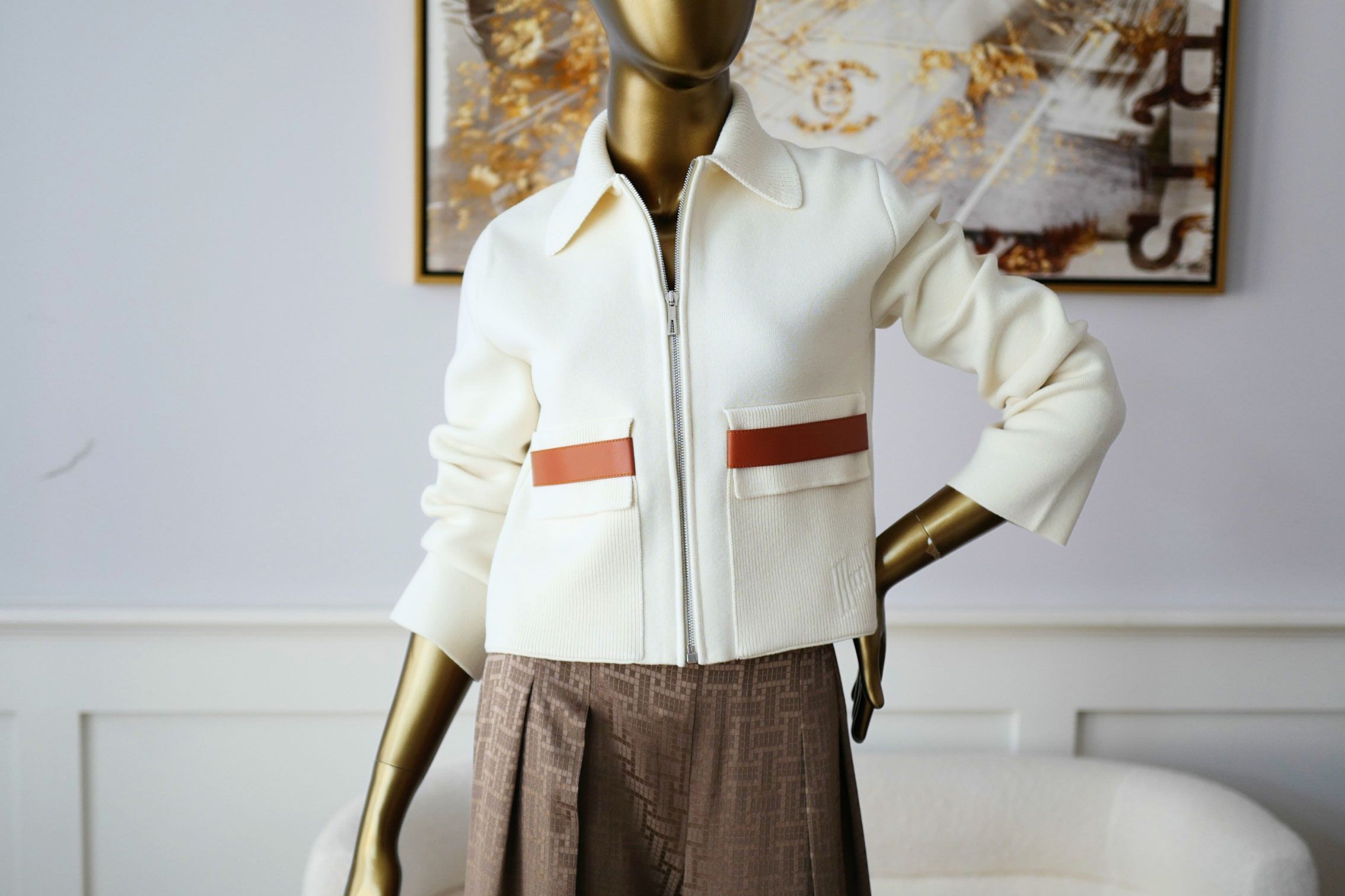 Hermès Woman Outdoor Jacket with Pockets Blanc Naturel Compact Knit Size 34