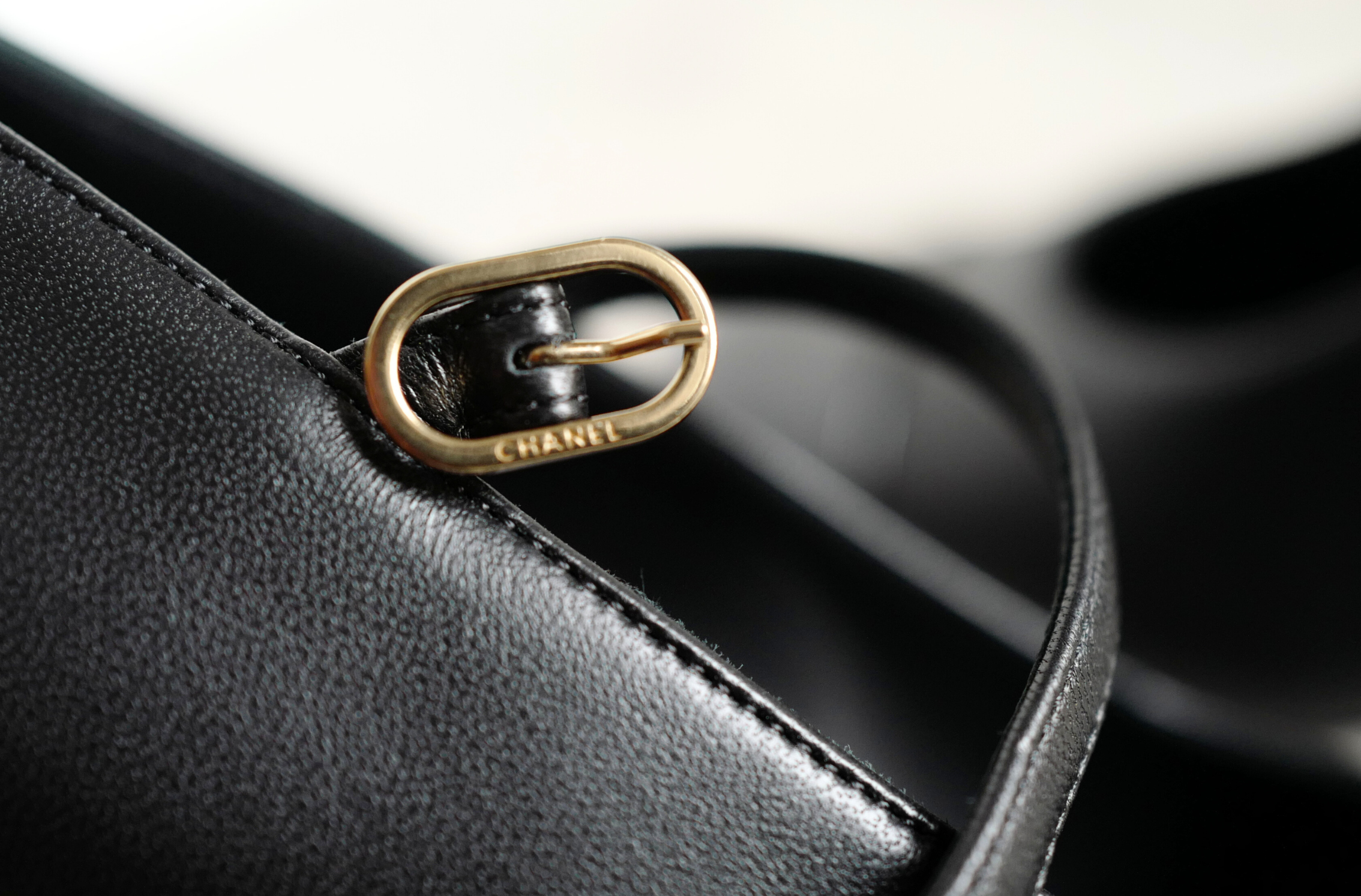 Chanel Mary Jane Black Leather Cap Toe Heels Size 37.5