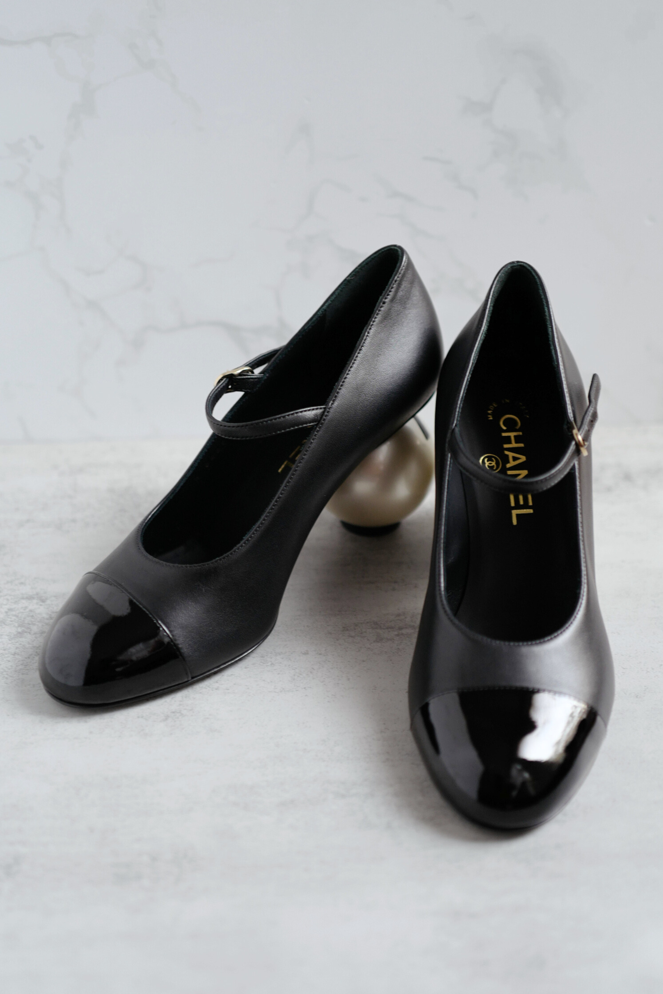 Chanel Mary Jane Black Leather Cap Toe Heels Size 37.5