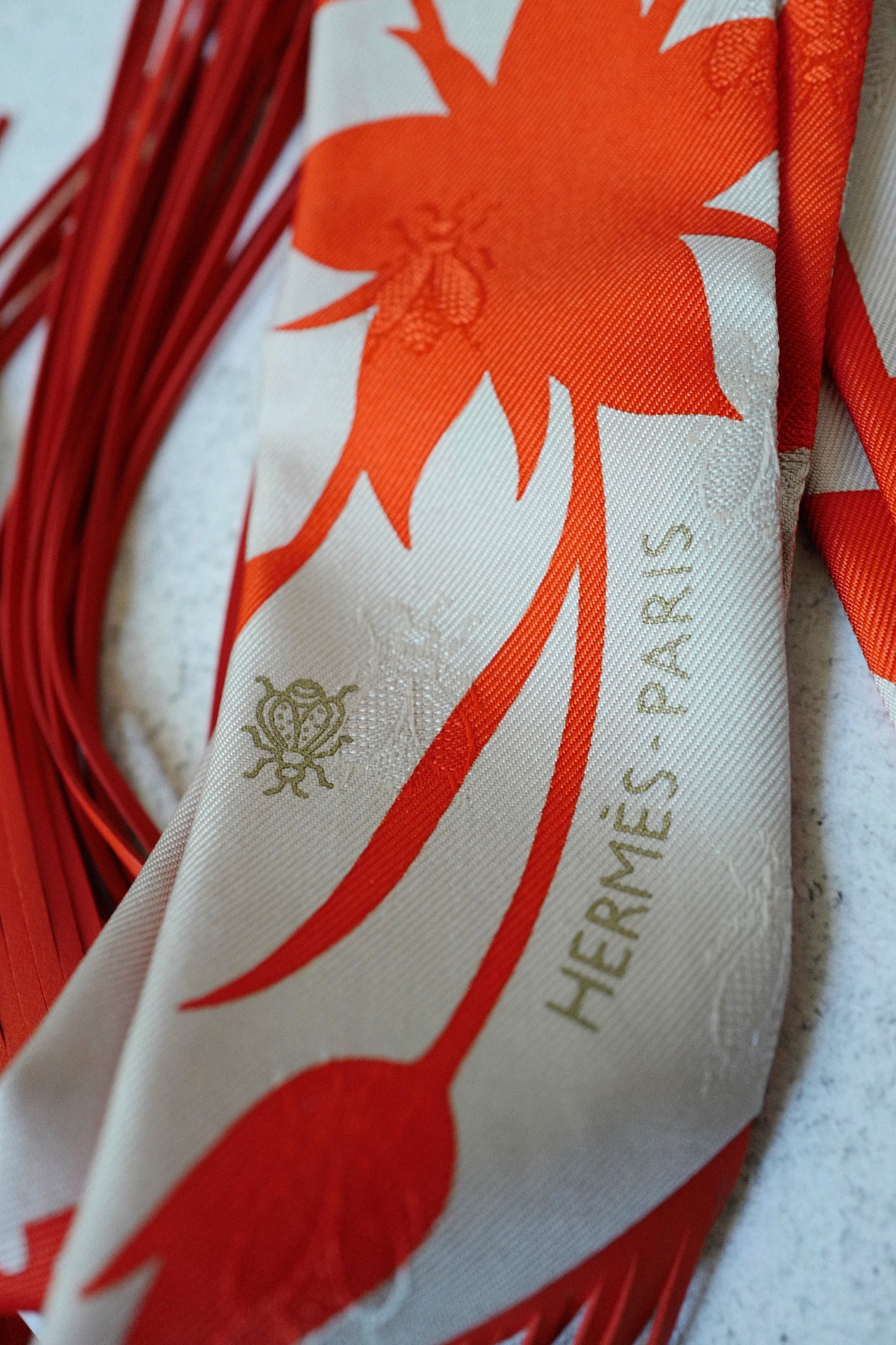 Hermès Twilly Bouquet Final Silk Gris Perle Vermillon with Leather Fringe