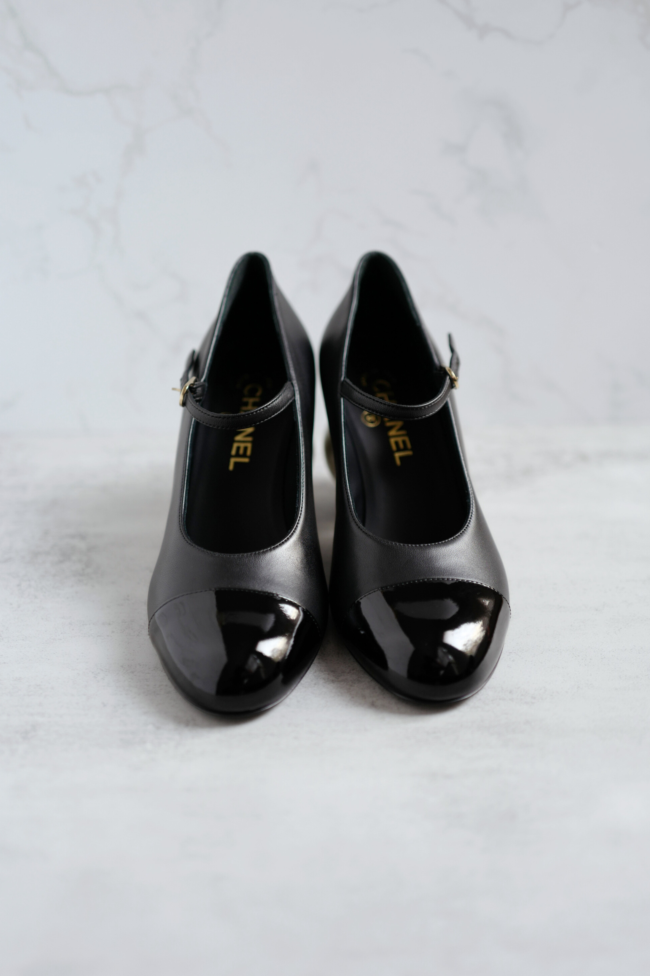 Chanel Mary Jane Black Leather Cap Toe Heels Size 37.5