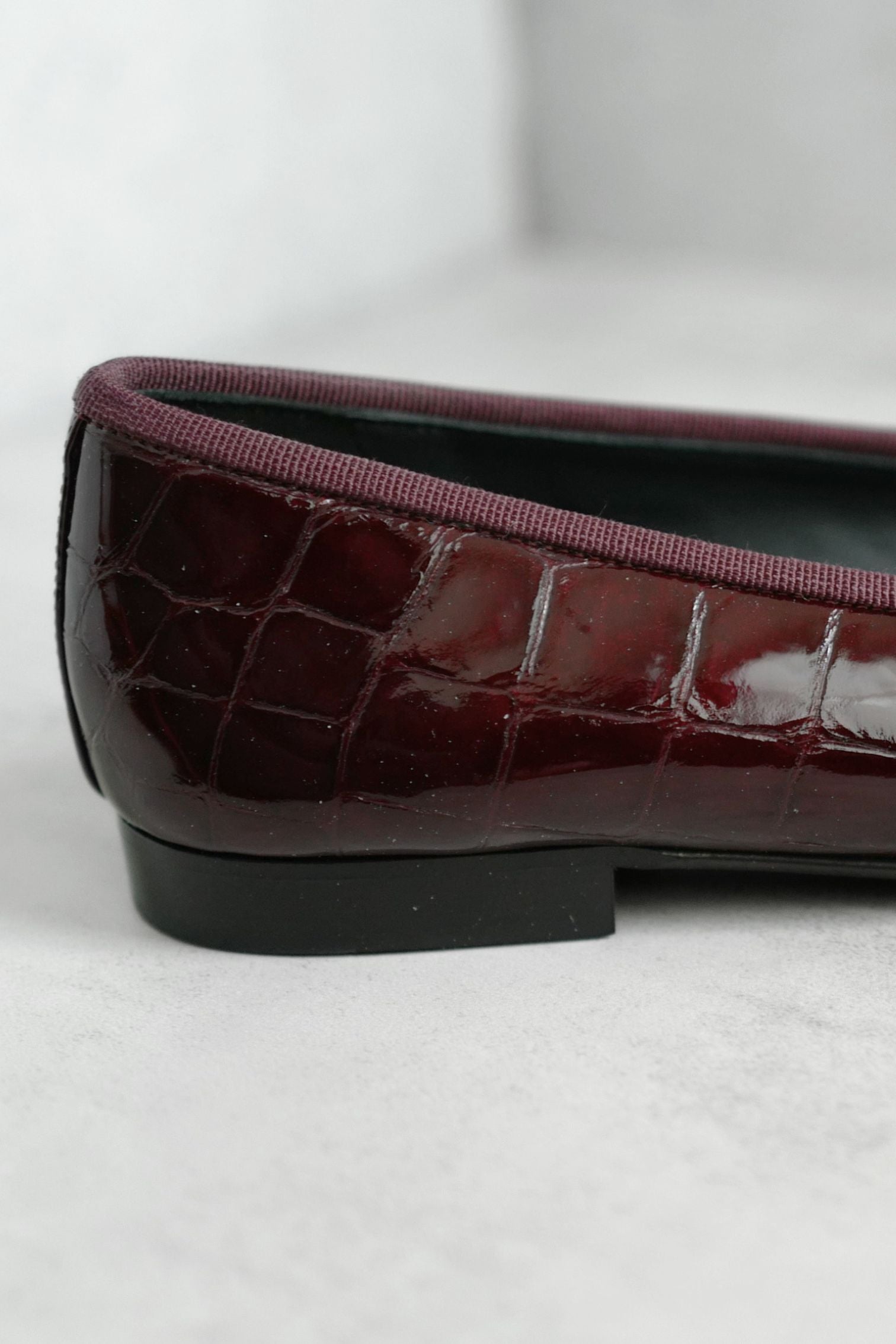 Chanel 26A Ballet Flats Croc Embossed Patent Calfskin Burgundy Black Size 38.5
