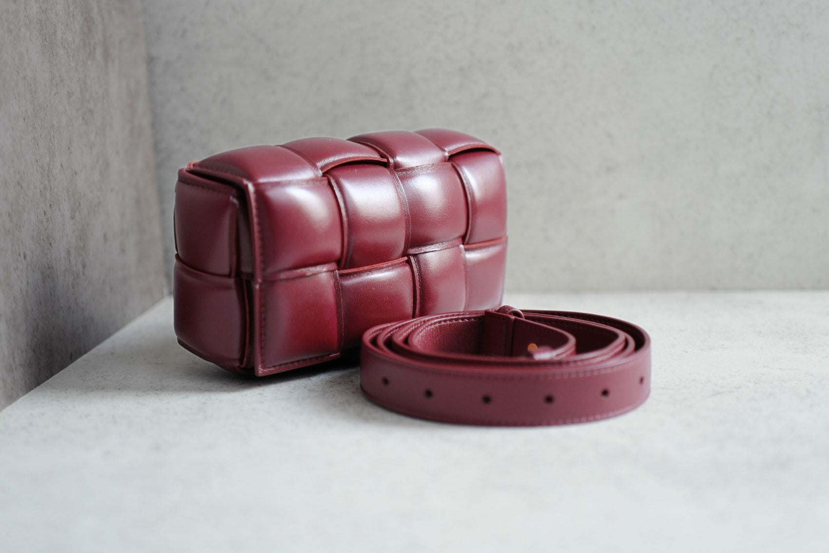 Bottega Veneta Padded Burgundy Small Cassette Belt Bag NEW