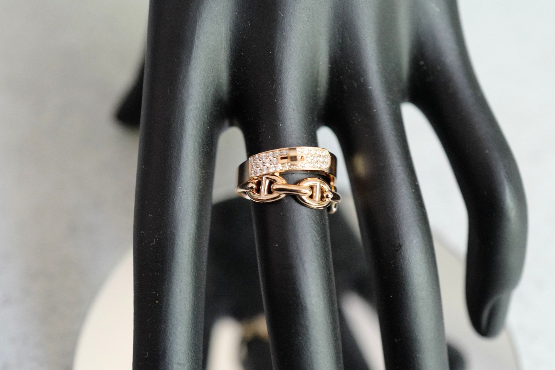 Hermès Kelly Alchimie Double Tour Ring 18K Rose Gold 32 Diamonds Size 53
