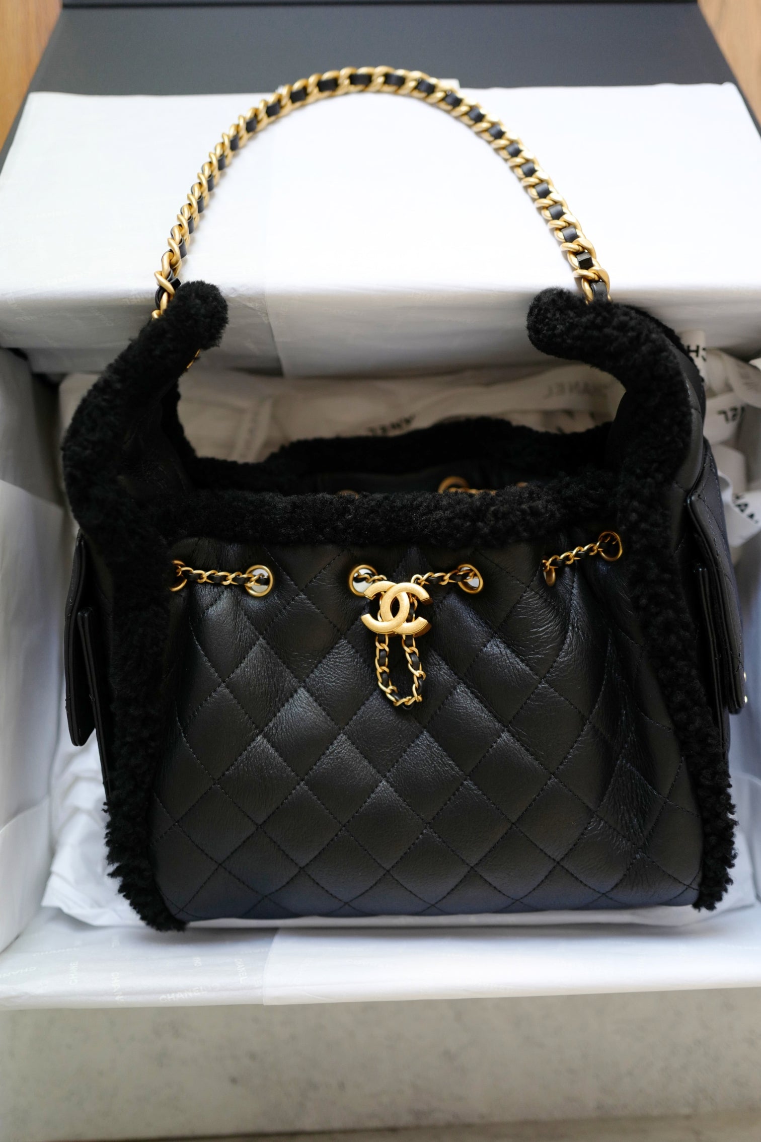 Chanel 25K Small Hobo Bag in Black Shearling and Calfskin Leather Gold Hardware