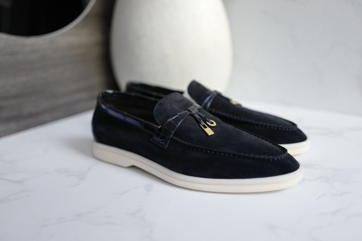 BNIB Loro Piana Summer Charms Walk Loafers In Black Suede Alligator strap Size 37